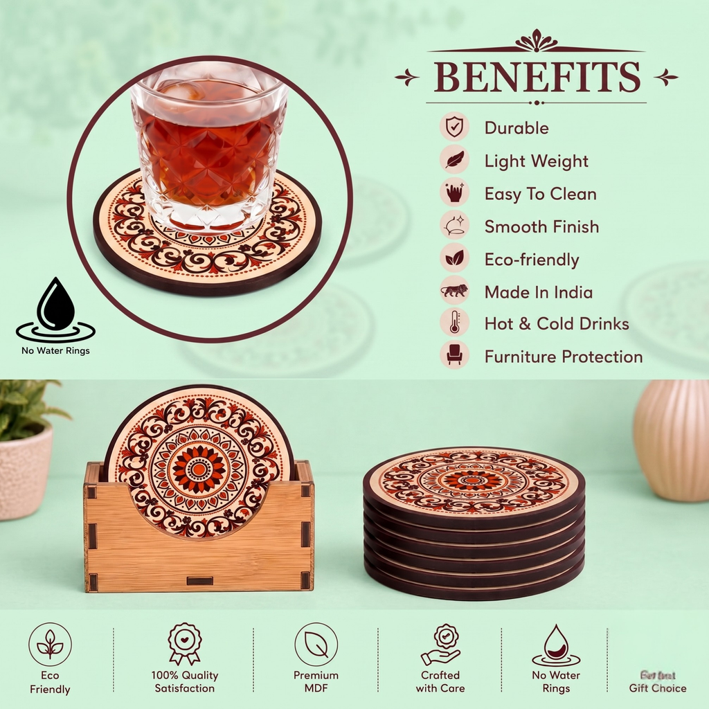 Coaster Set of 6 Mandala Art Wooden Coasters with Proper Coaster Stand Coaster Set fit for Tea Cups, Coffee Mugs and Glasses (3.5 X 3.5 Inch) (Colorful Ecofriendly)