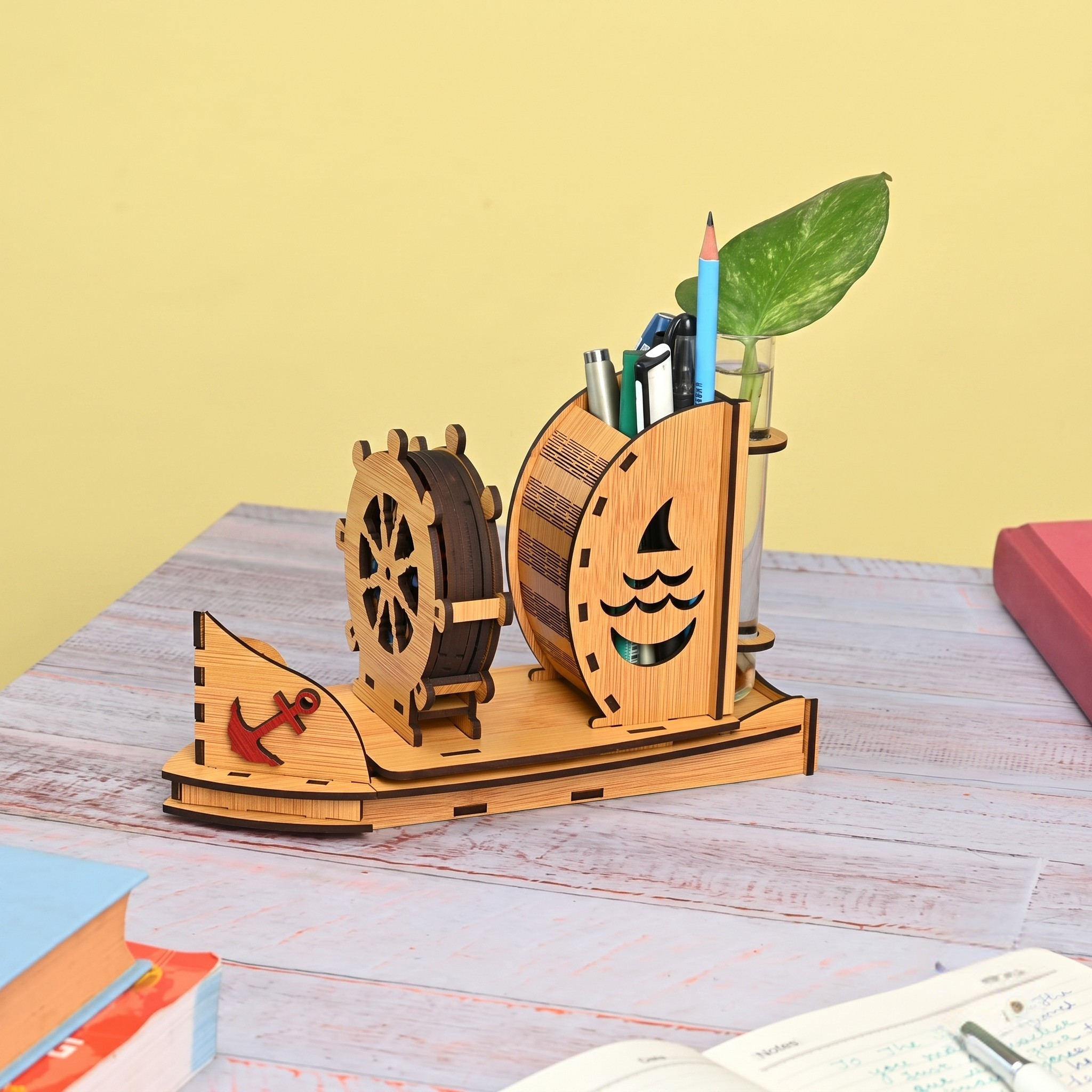 Coaster Stand Boat Shape Wooden Coaster Set of 6 with Cute Test Tube Planter Good for Dining Table Decorative Items and Office Desk Accessories with Empty Holder Space (Bamboo)