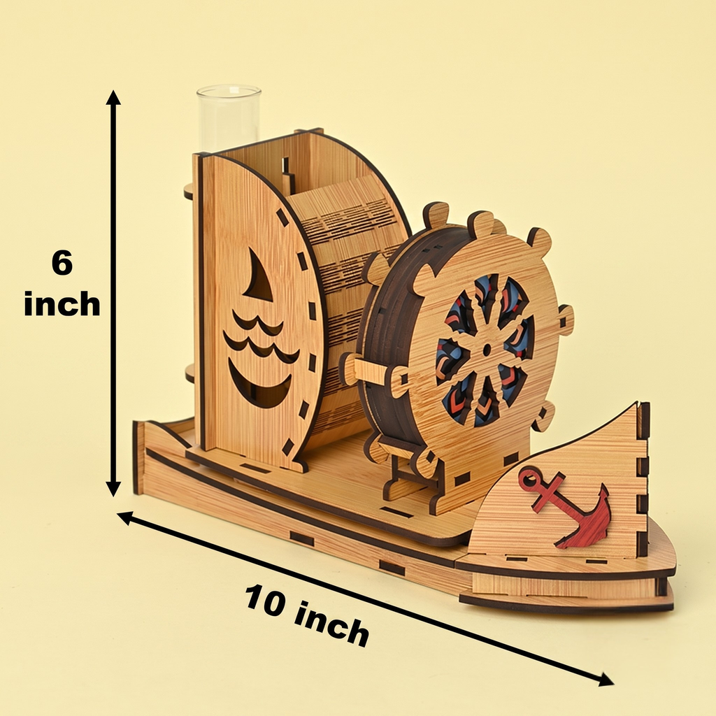 Coaster Stand Boat Shape Wooden Coaster Set of 6 with Cute Test Tube Planter Good for Dining Table Decorative Items and Office Desk Accessories with Empty Holder Space (Bamboo)