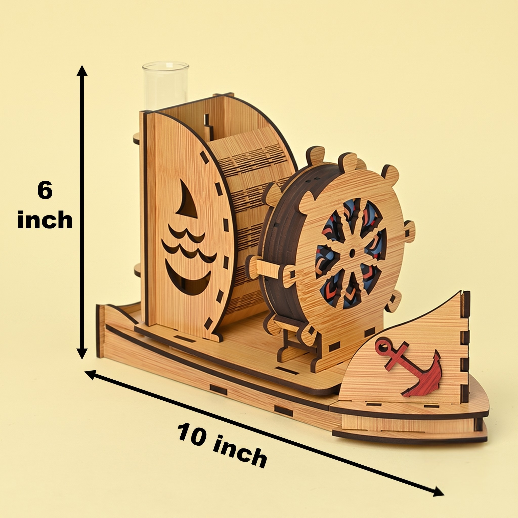 Coaster Stand Boat Shape Wooden Coaster Set of 6 with Cute Test Tube Planter Good for Dining Table Decorative Items and Office Desk Accessories with Empty Holder Space (Bamboo)