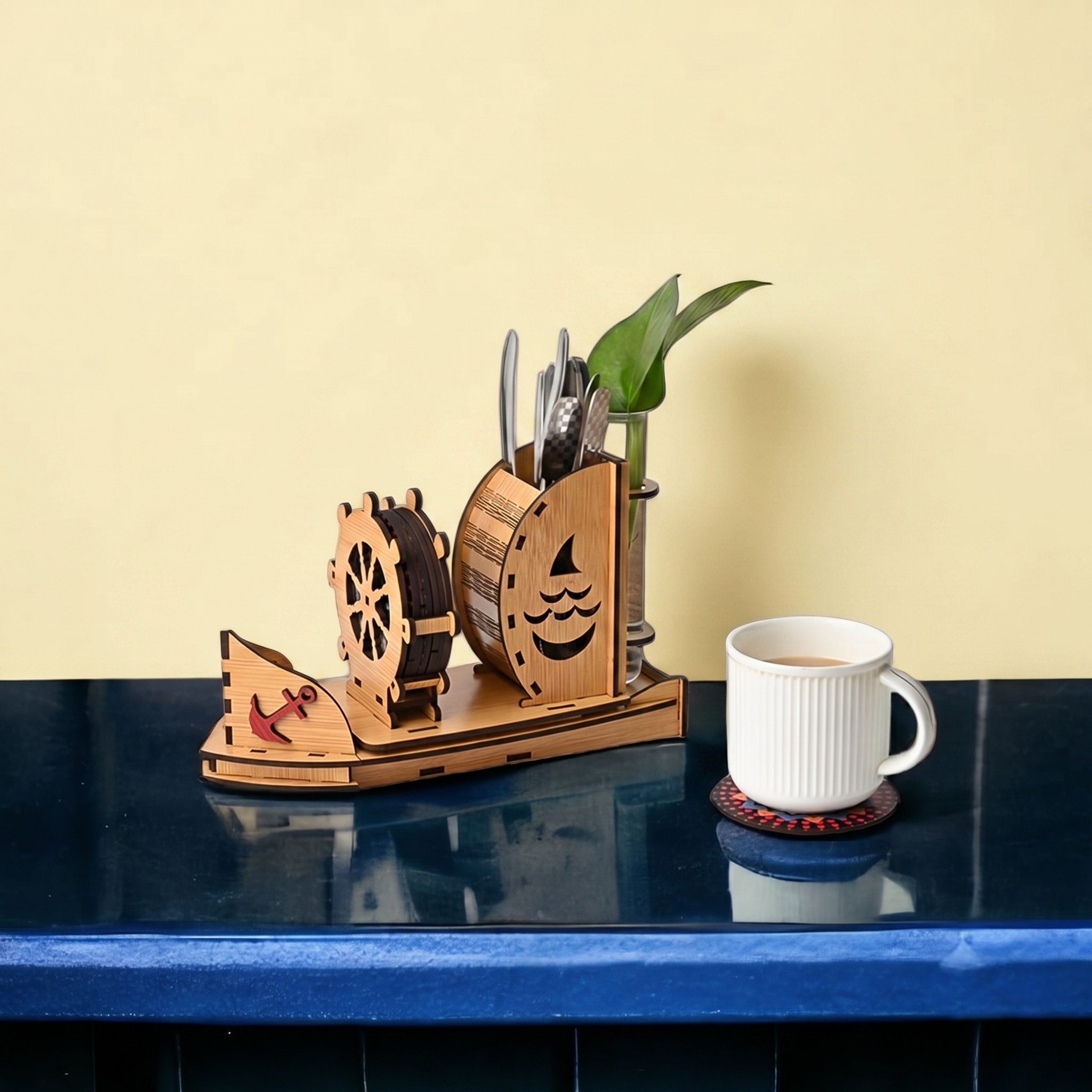 Coaster Stand Boat Shape Wooden Coaster Set of 6 with Cute Test Tube Planter Good for Dining Table Decorative Items and Office Desk Accessories with Empty Holder Space (Bamboo)