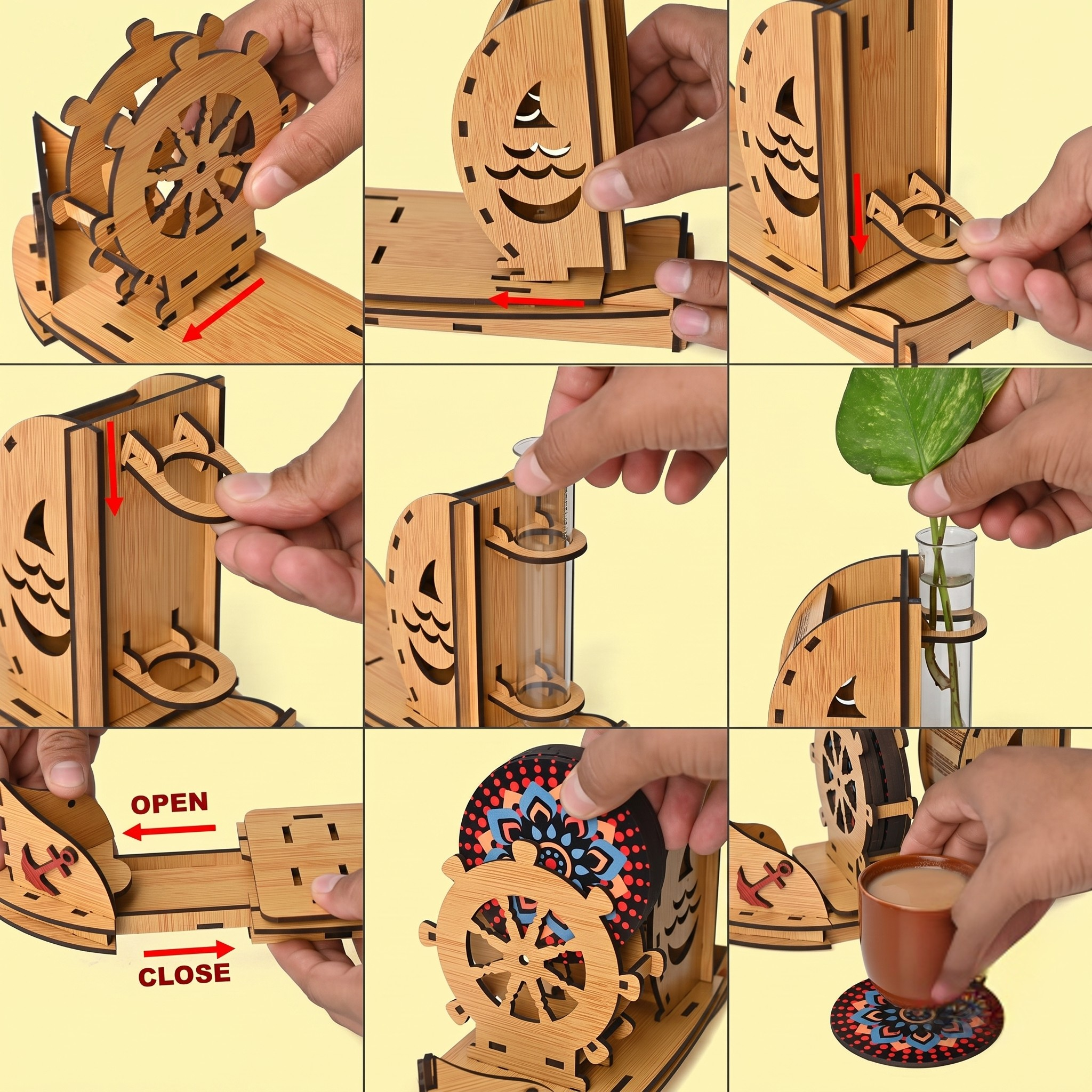 Coaster Stand Boat Shape Wooden Coaster Set of 6 with Cute Test Tube Planter Good for Dining Table Decorative Items and Office Desk Accessories with Empty Holder Space (Bamboo)