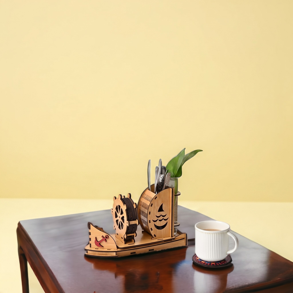 Coaster Stand Boat Shape Wooden Coaster Set of 6 with Cute Test Tube Planter Good for Dining Table Decorative Items and Office Desk Accessories with Empty Holder Space (Bamboo)