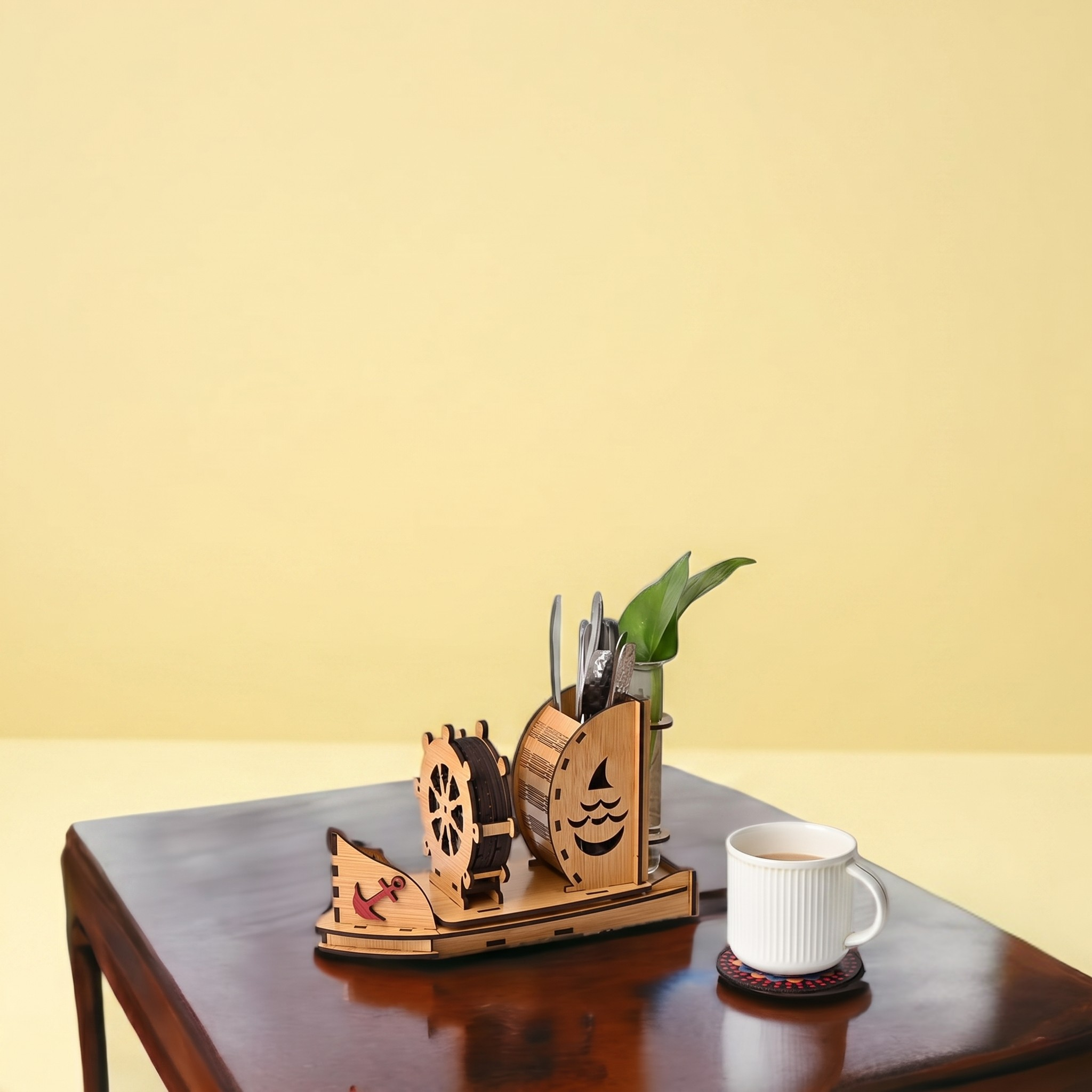 Coaster Stand Boat Shape Wooden Coaster Set of 6 with Cute Test Tube Planter Good for Dining Table Decorative Items and Office Desk Accessories with Empty Holder Space (Bamboo)