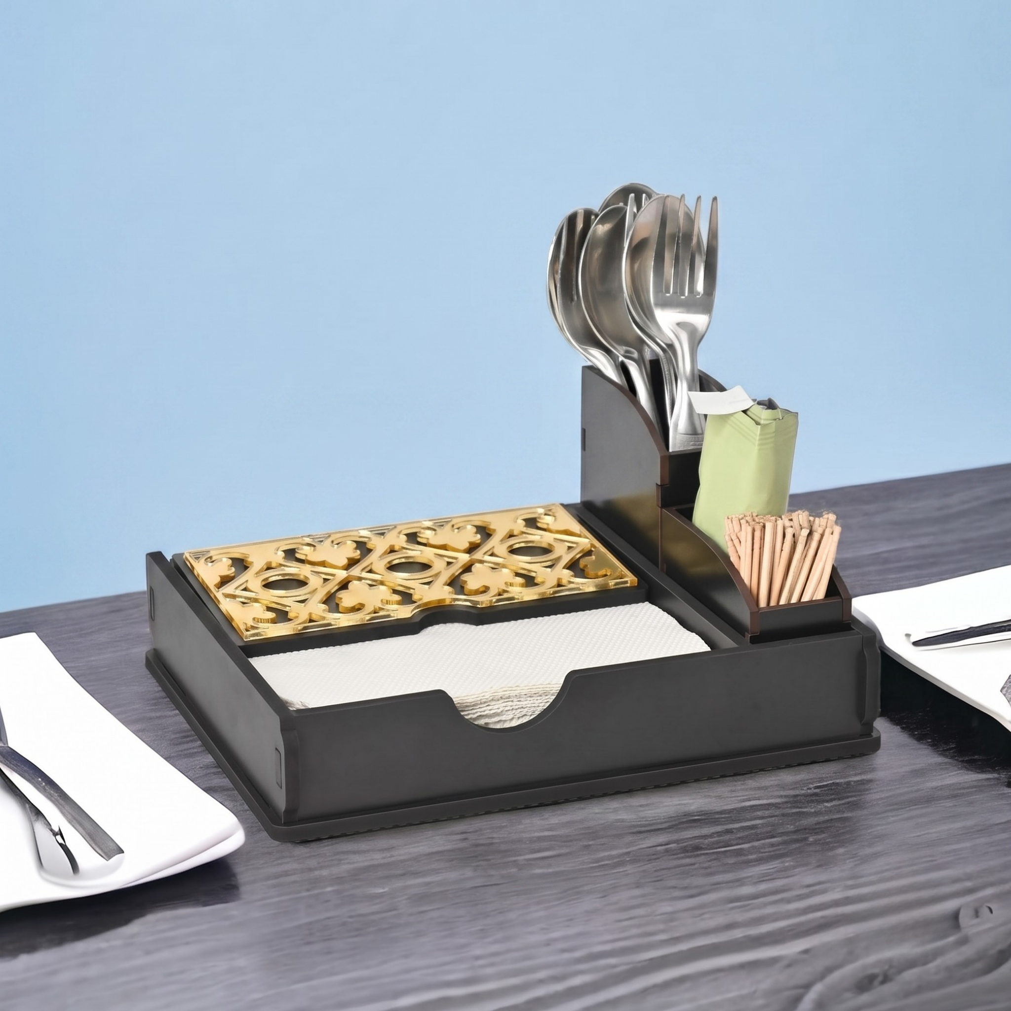 Tissue Paper Holder for Dining Table with Toothpick Holder Designer 5 Compartment Dining Table Accessories for Home Decor and Hotels Wooden Decorative Items for Kitchen(ecofriendly) Dark Wood