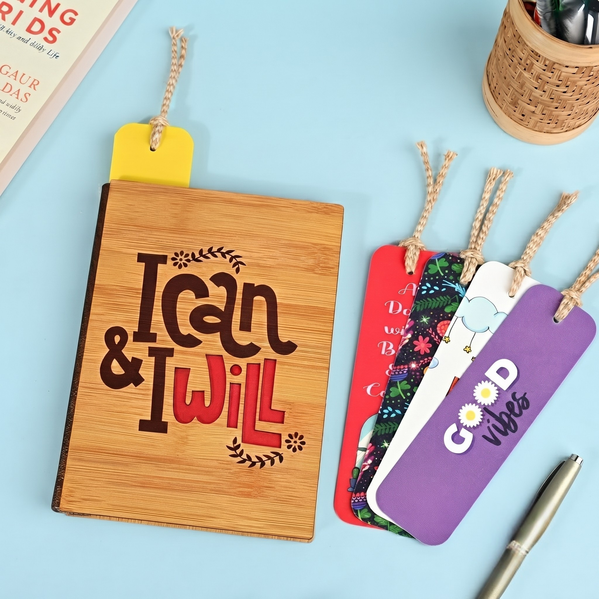 Dairy Notebook with 5 Colorful Bookmarks wooden hard bound cover with motivational message aesthetic diary without date a5 notebook ruled diary(ecofriendly)(190 quality pages) (I Can)