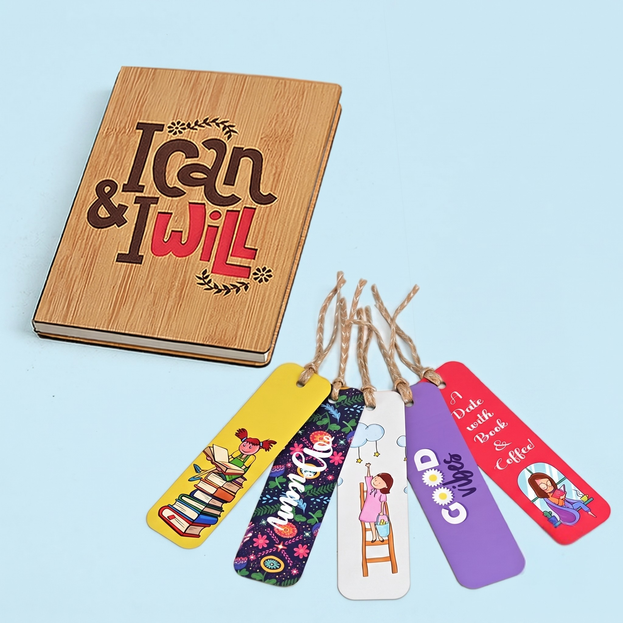 Dairy Notebook with 5 Colorful Bookmarks wooden hard bound cover with motivational message aesthetic diary without date a5 notebook ruled diary(ecofriendly)(190 quality pages) (I Can)