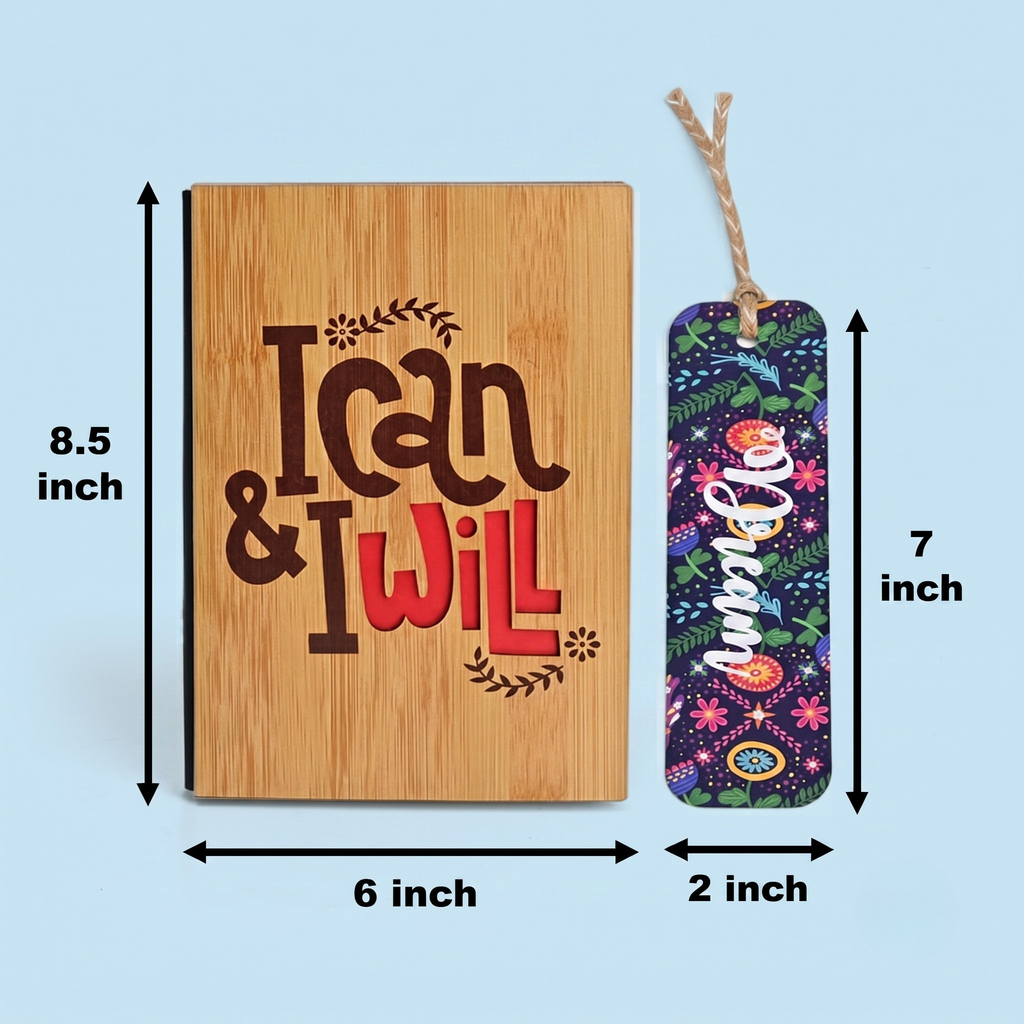 Dairy Notebook with 5 Colorful Bookmarks wooden hard bound cover with motivational message aesthetic diary without date a5 notebook ruled diary(ecofriendly)(190 quality pages) (I Can)