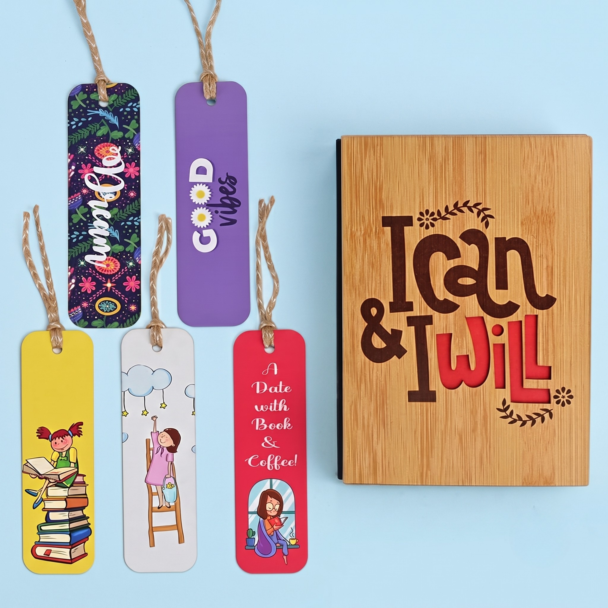 Dairy Notebook with 5 Colorful Bookmarks wooden hard bound cover with motivational message aesthetic diary without date a5 notebook ruled diary(ecofriendly)(190 quality pages) (I Can)