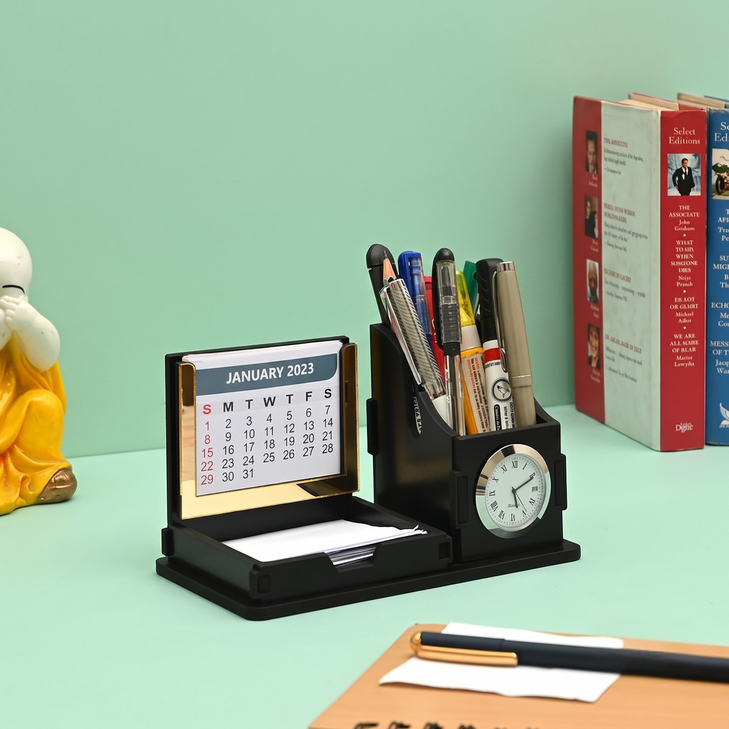 Desk Organizer With Clock & Calendar office Table Accessories 2026 Calendar For office Desk Wooden Pen Stand With Clock/New Year Gift/Eco-Friendly- Black