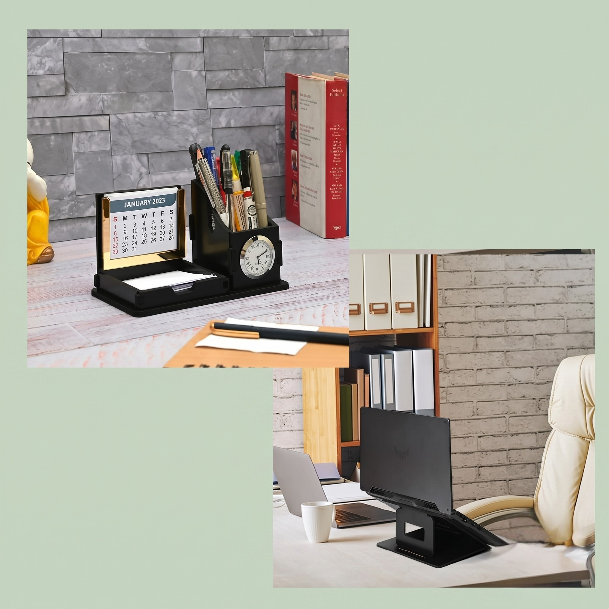 Desk Organizer With Clock & Calendar office Table Accessories 2026 Calendar For office Desk Wooden Pen Stand With Clock/New Year Gift/Eco-Friendly- Black