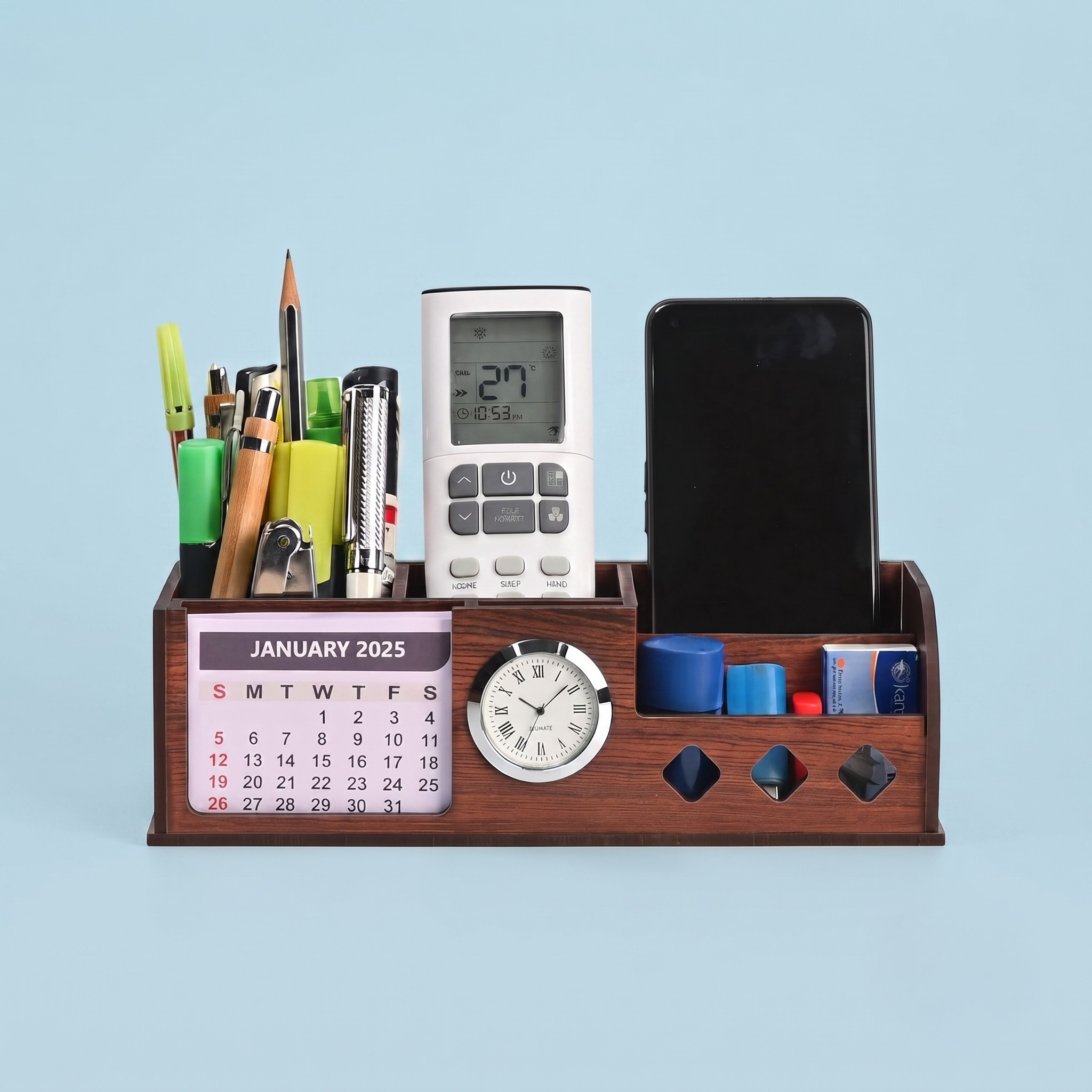 Desk Organizer with Wooden Diary, Bamboo Pen, 2026 Calendar, Clock, and 4 Compartments - Elegant Wooden Table Organizer for Office and Home Use (Combo 1)
