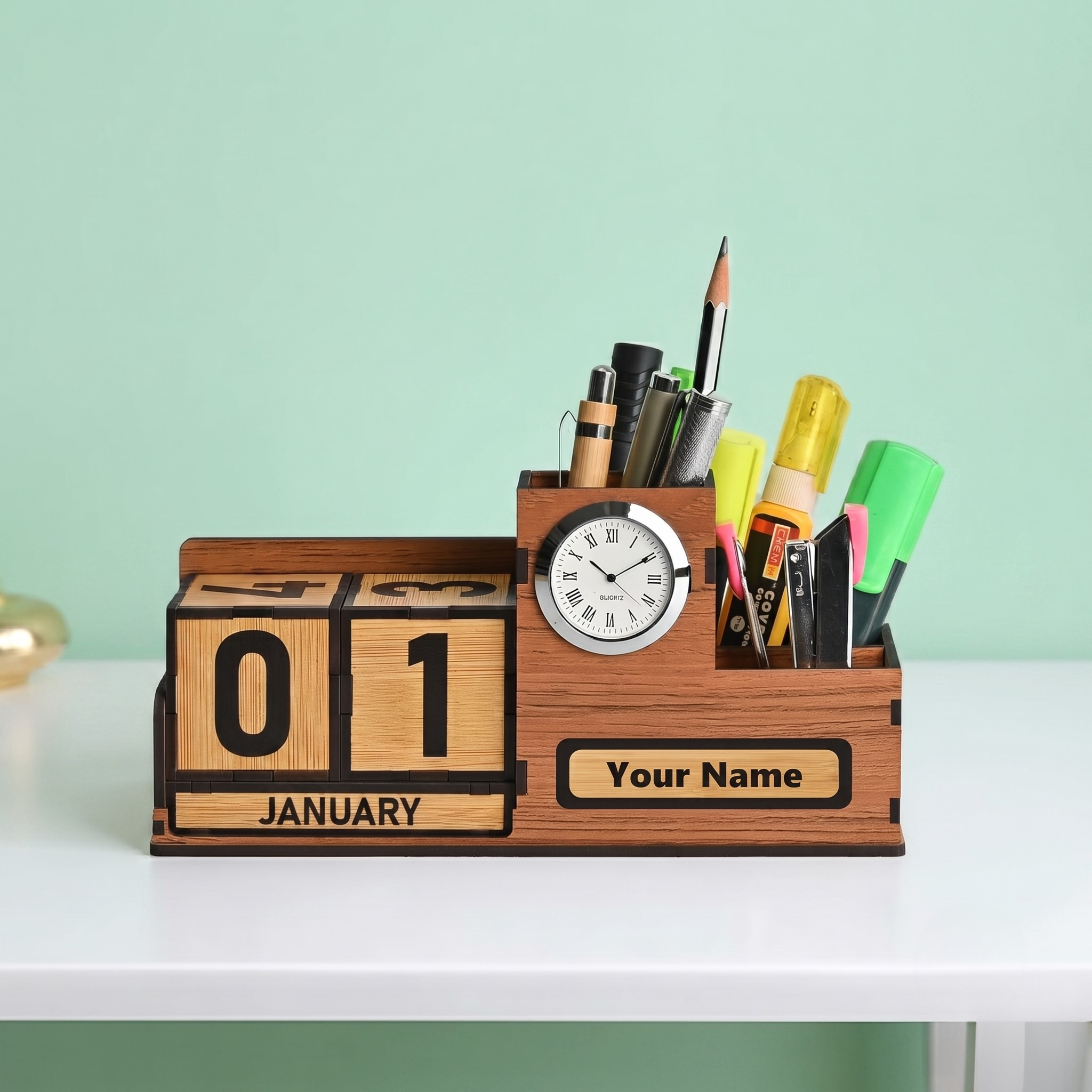 Eco-Friendly Wooden Desk Calendar 2026 with Pen Holder & Mini Clock | GKD Perpetual Table Calendar and Office Desk Organizer for Stationery, Home & Corporate Gifting