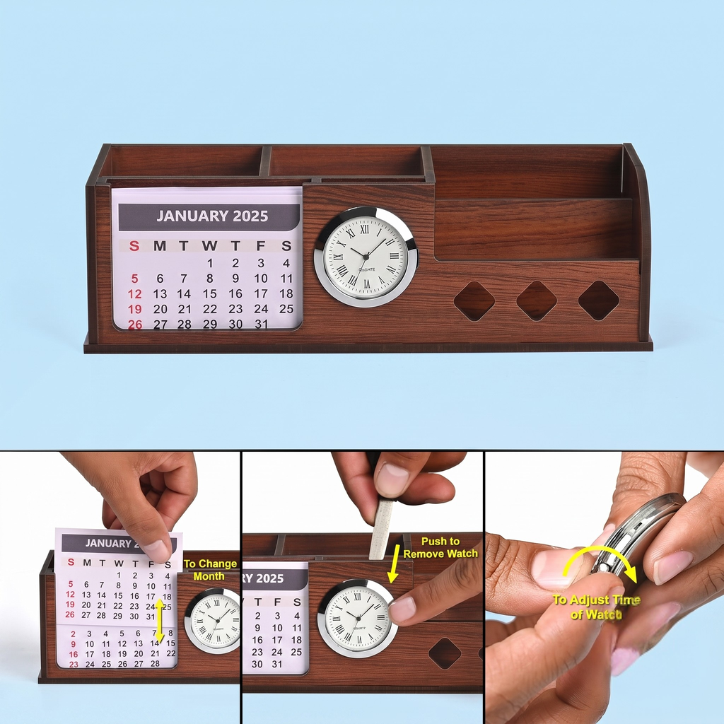 Desk Organizer with Wooden Diary, Bamboo Pen, 2026 Calendar, Clock, and 4 Compartments - Elegant Wooden Table Organizer for Office and Home Use (Combo 1)