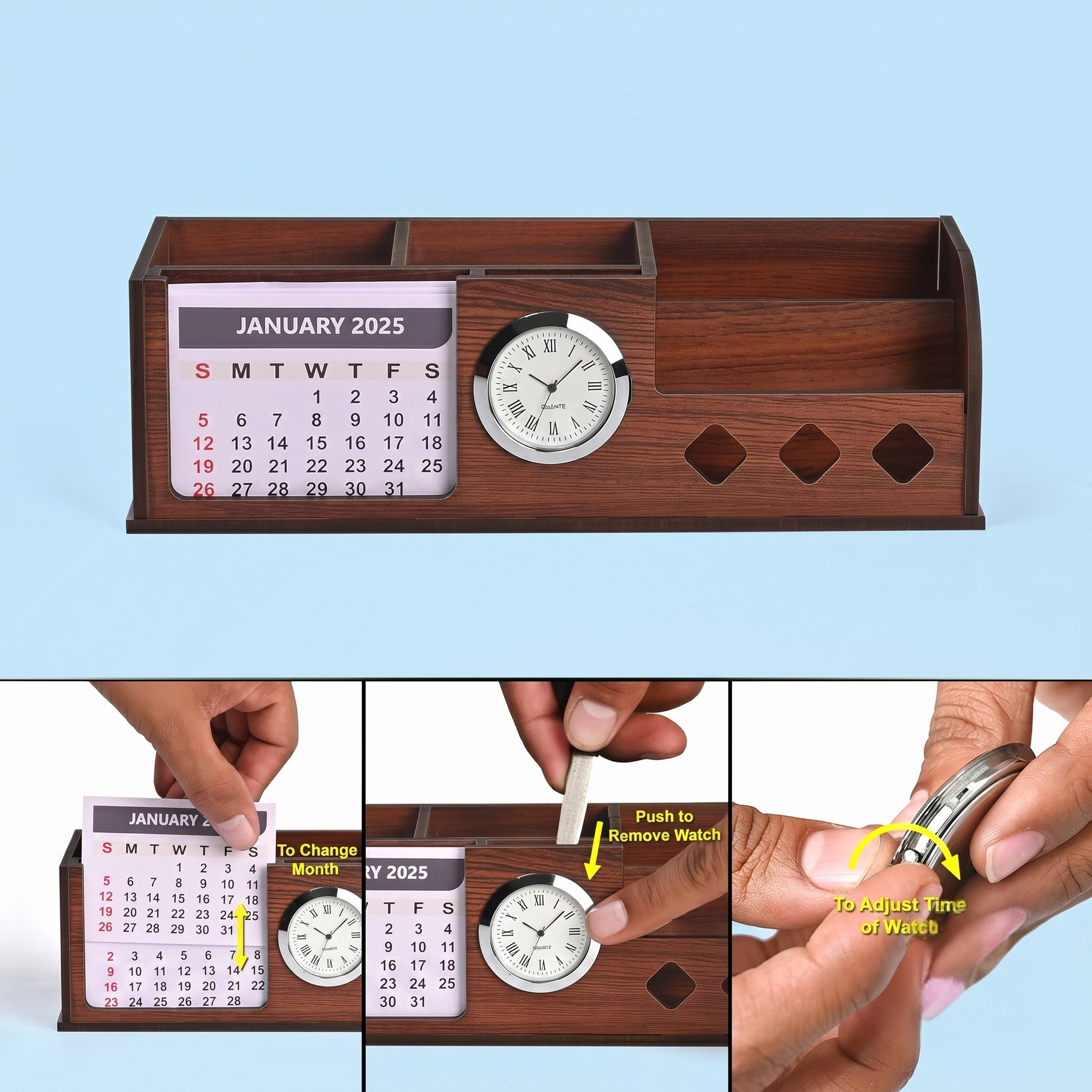 Desk Organizer with Wooden Diary, Bamboo Pen, 2026 Calendar, Clock, and 4 Compartments - Elegant Wooden Table Organizer for Office and Home Use (Combo 1)