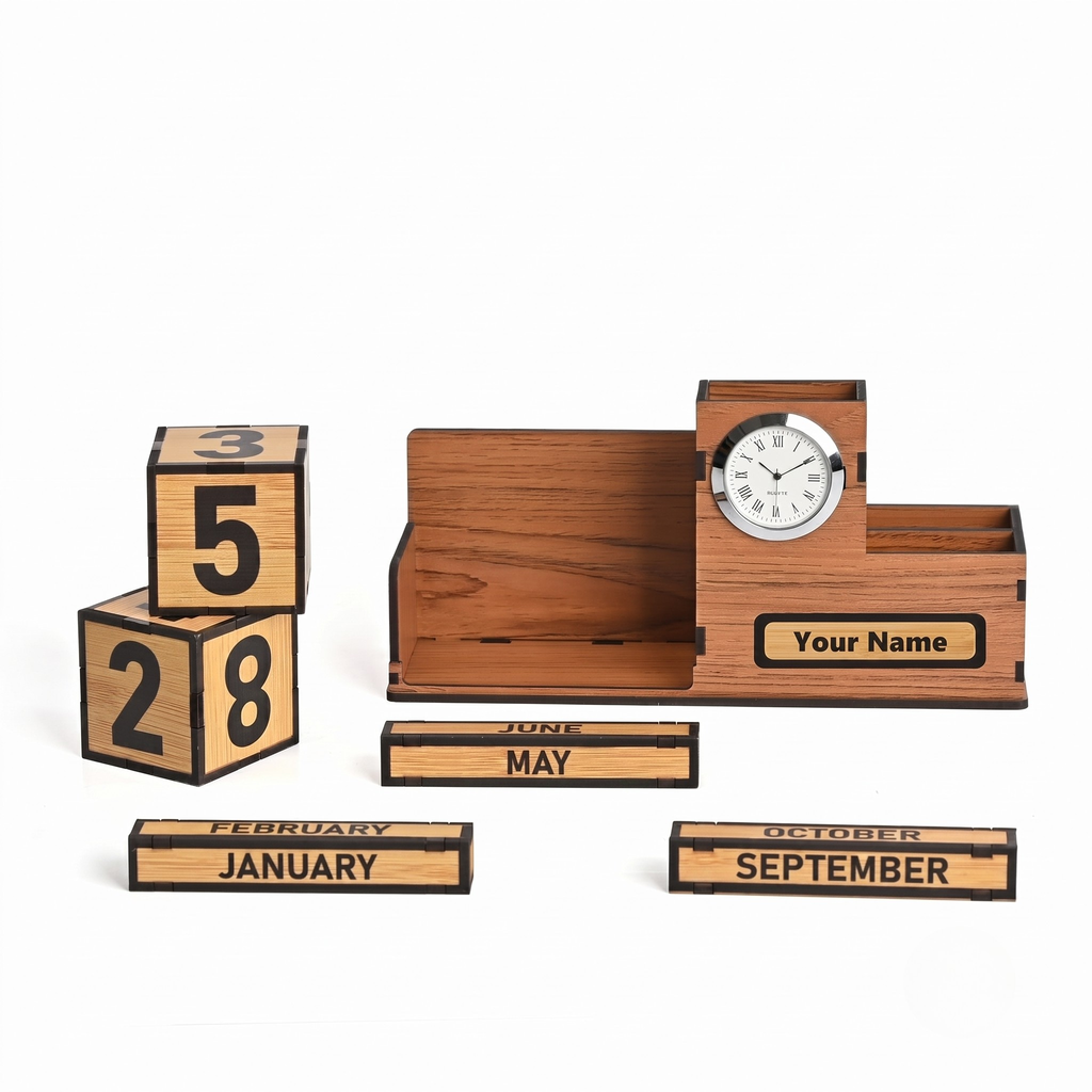 Eco-Friendly Wooden Desk Calendar 2026 with Pen Holder & Mini Clock | GKD Perpetual Table Calendar and Office Desk Organizer for Stationery, Home & Corporate Gifting