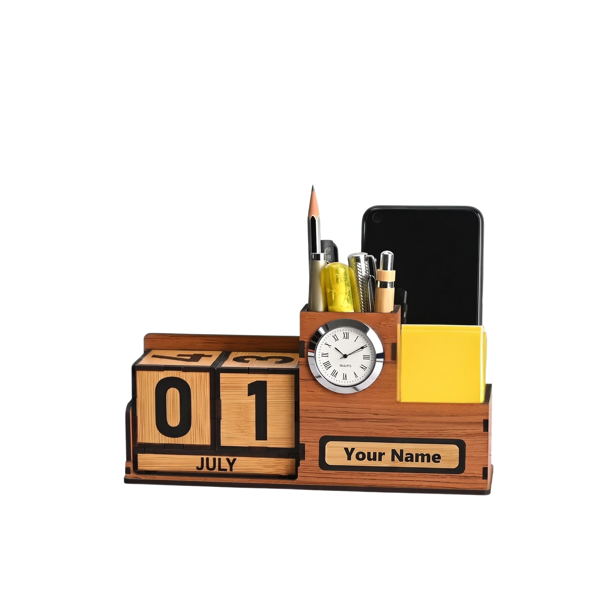 Eco-Friendly Wooden Desk Calendar 2026 with Pen Holder & Mini Clock | GKD Perpetual Table Calendar and Office Desk Organizer for Stationery, Home & Corporate Gifting