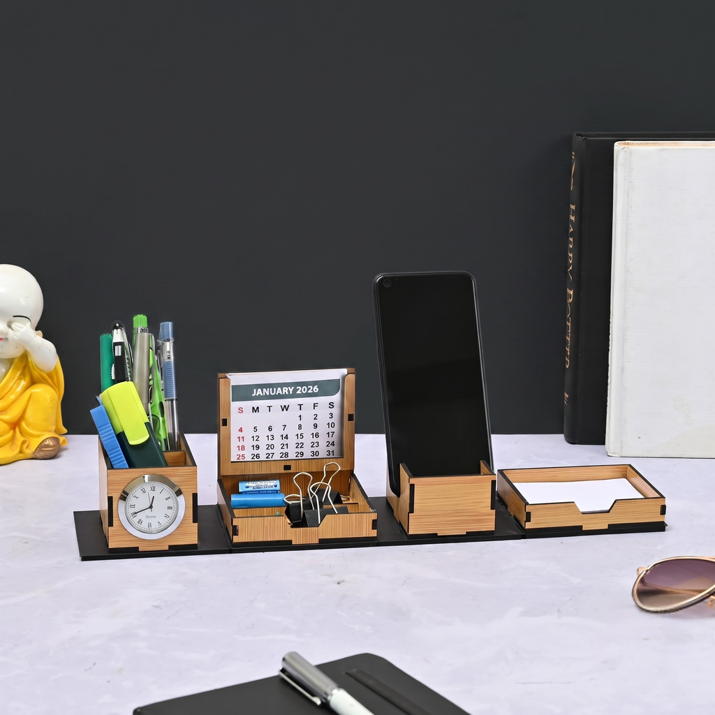 Desk Organizer stylish foldable all in One Cube Box Office desk organizer with clock mobile stand portable desk organizer, Calendar 2026 New Year Gifts Bamboo Ecofriendly (Dark Wood)