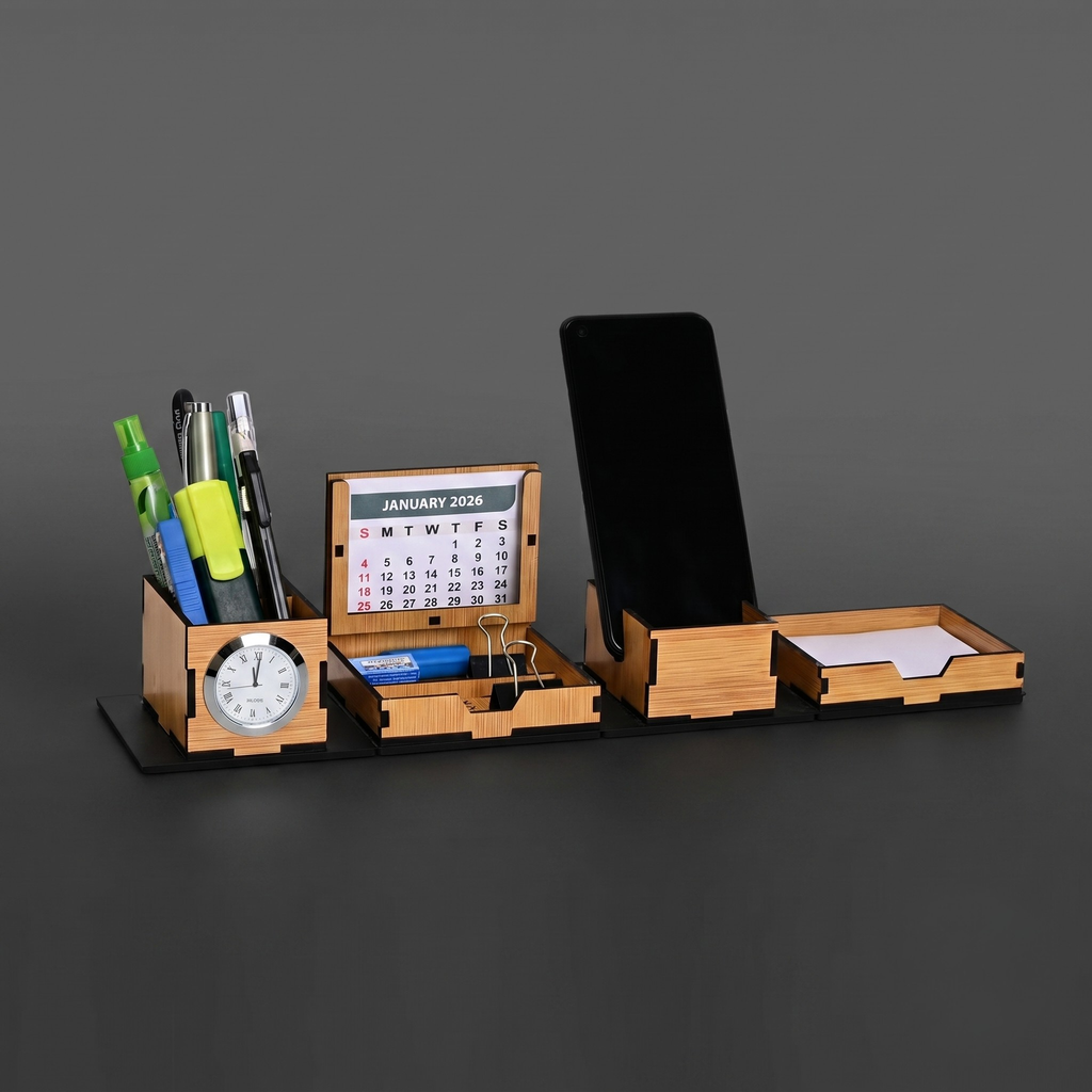 Desk Organizer stylish foldable all in One Cube Box Office desk organizer with clock mobile stand portable desk organizer, Calendar 2026 New Year Gifts Bamboo Ecofriendly (Dark Wood)