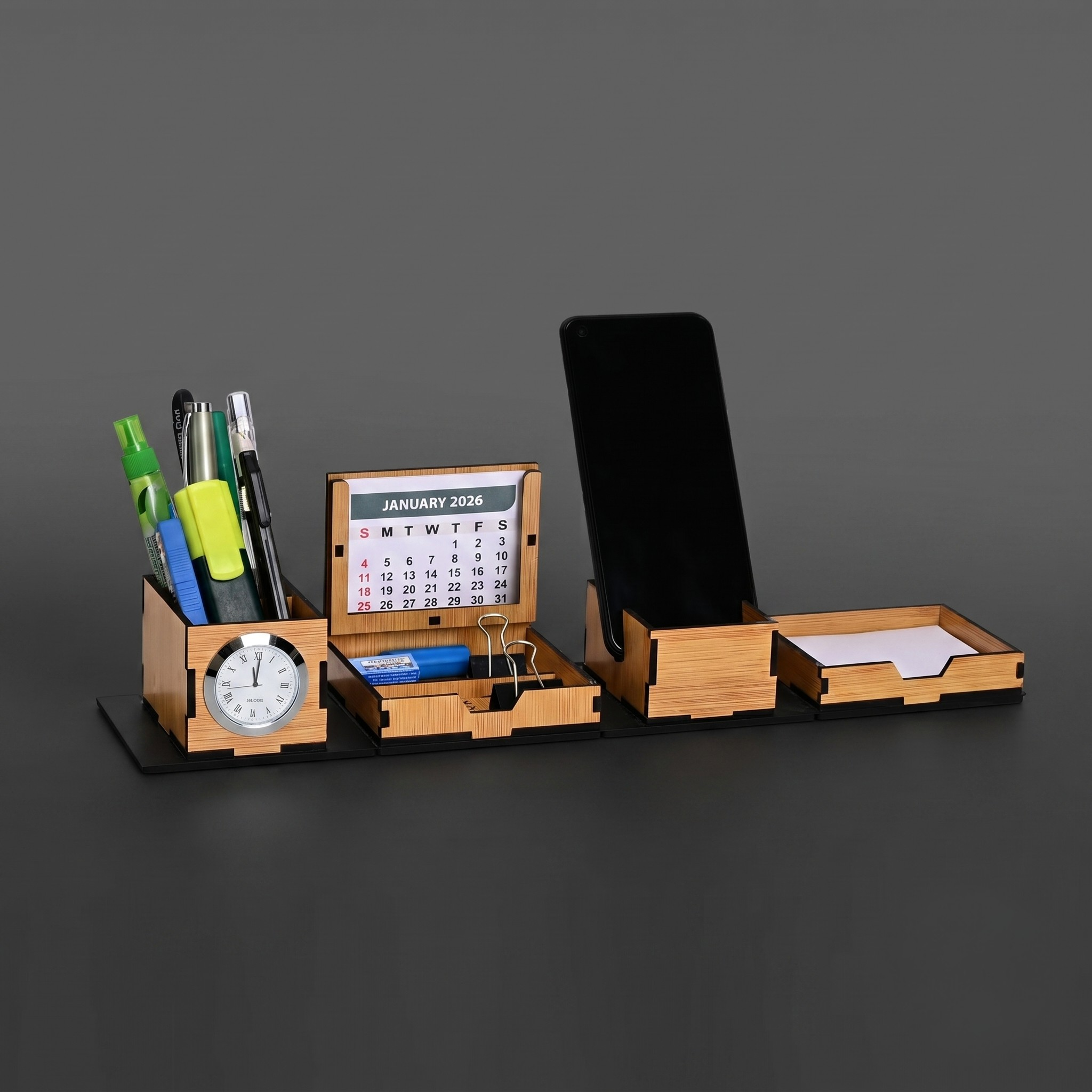 Desk Organizer stylish foldable all in One Cube Box Office desk organizer with clock mobile stand portable desk organizer, Calendar 2026 New Year Gifts Bamboo Ecofriendly (Dark Wood)