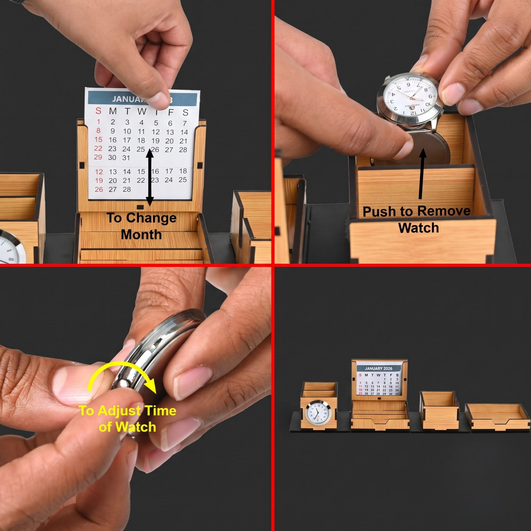 Desk Organizer stylish foldable all in One Cube Box Office desk organizer with clock mobile stand portable desk organizer, Calendar 2026 New Year Gifts Bamboo Ecofriendly (Dark Wood)