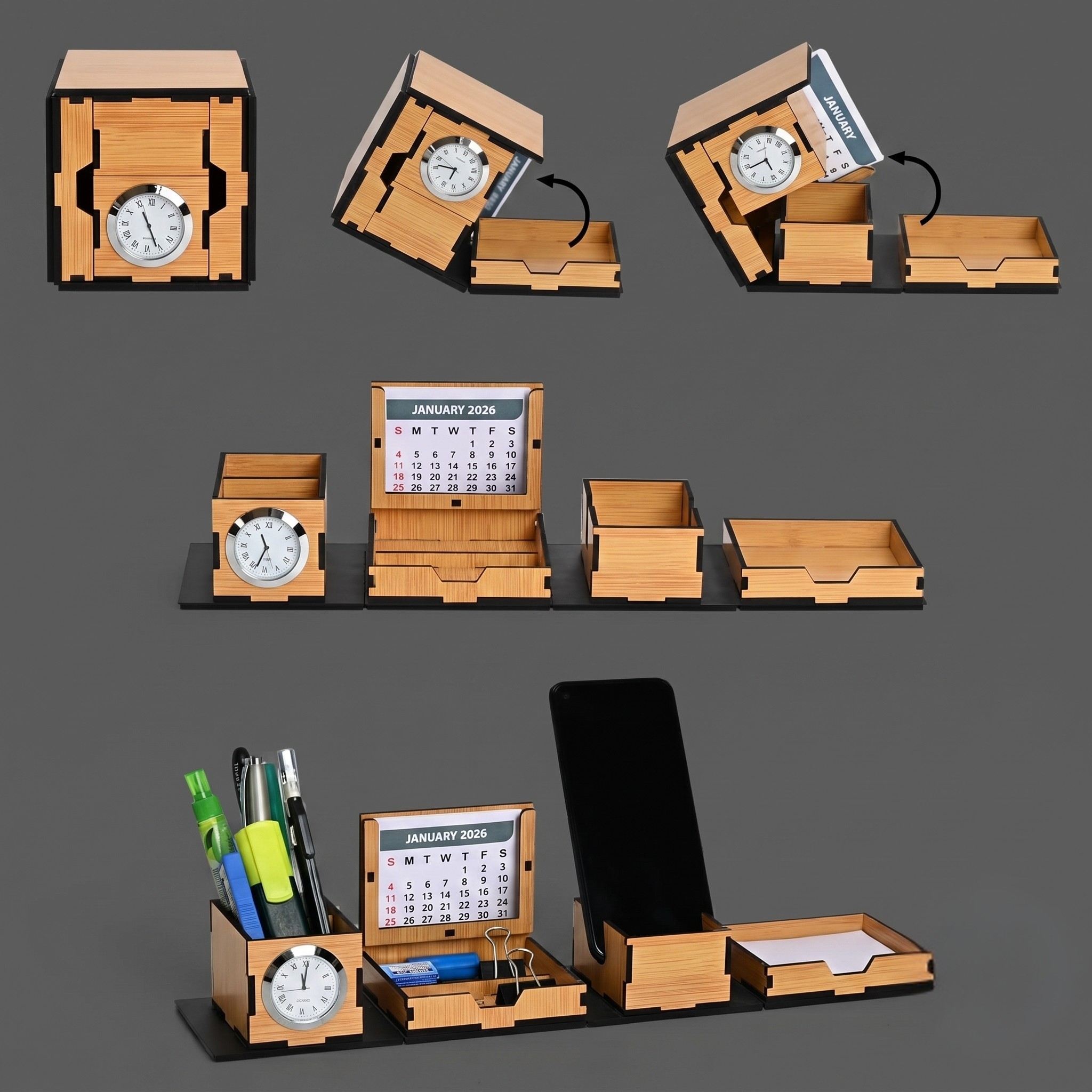 Desk Organizer stylish foldable all in One Cube Box Office desk organizer with clock mobile stand portable desk organizer, Calendar 2026 New Year Gifts Bamboo Ecofriendly (Dark Wood)