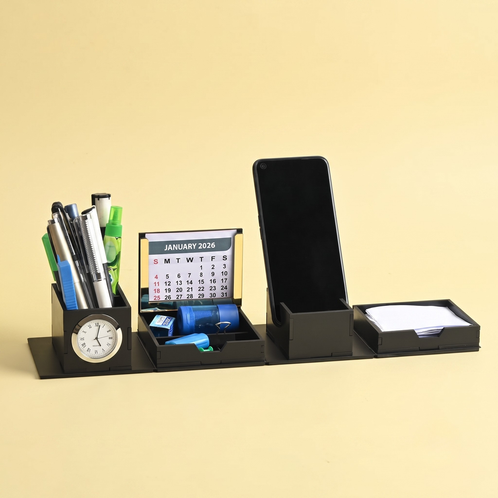 Desk Organizer stylish foldable all in One Cube Box desk organizer with clock mobile stand portable desk organizer, 2026 Calendar corporate gifts (Black Ecofriendly)