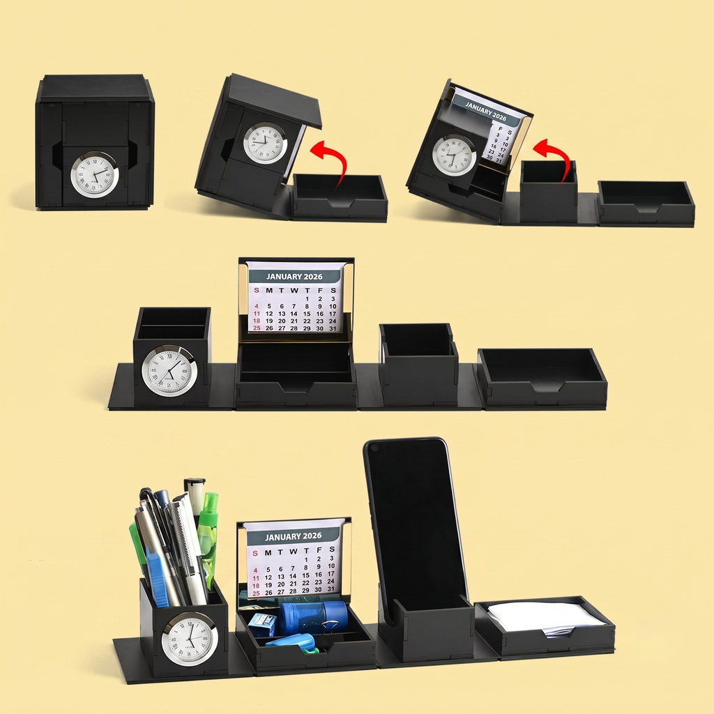 Desk Organizer stylish foldable all in One Cube Box desk organizer with clock mobile stand portable desk organizer, 2026 Calendar corporate gifts (Black Ecofriendly)