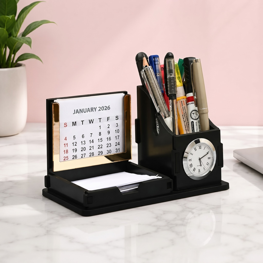 Desk Organizer With Clock & Calendar office Table Accessories 2026 Calendar For office Desk Wooden Pen Stand With Clock/New Year Gift/Eco-Friendly- Black
