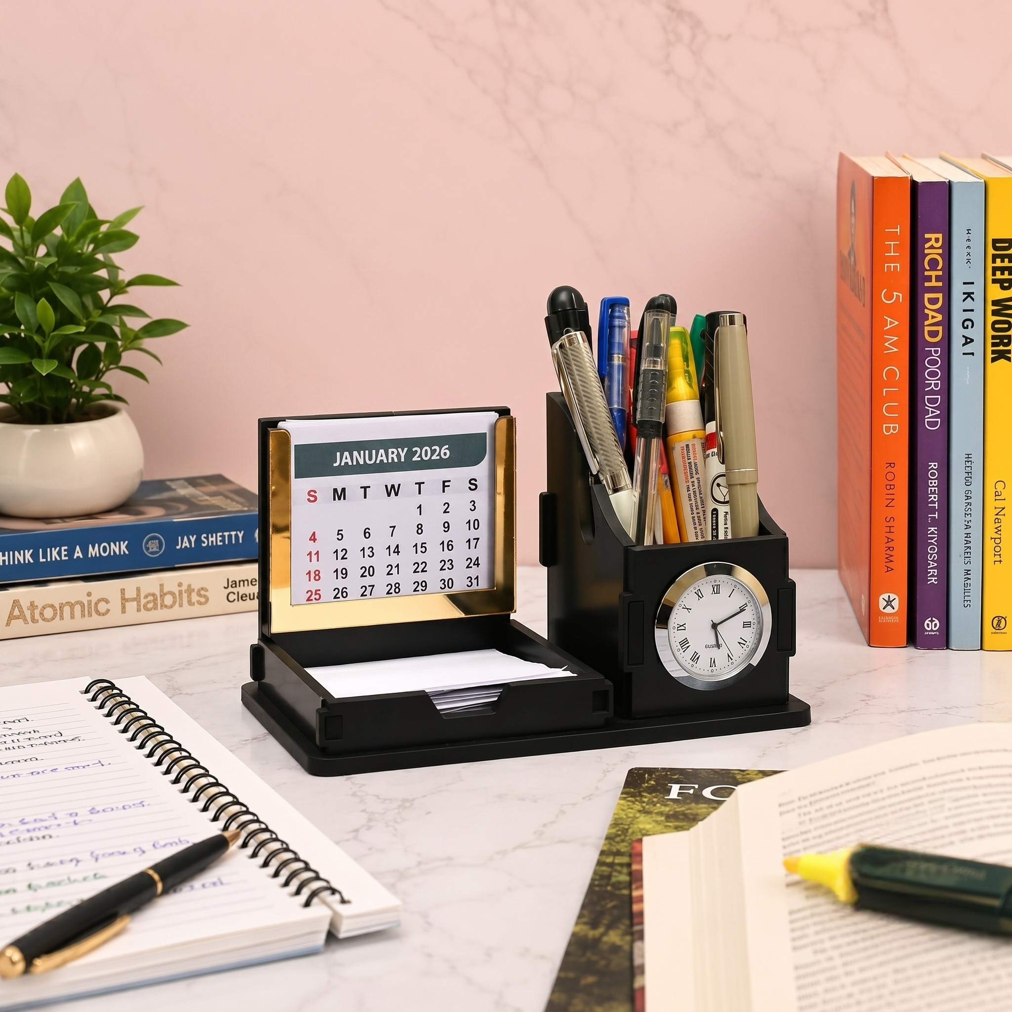 Desk Organizer With Clock & Calendar office Table Accessories 2026 Calendar For office Desk Wooden Pen Stand With Clock/New Year Gift/Eco-Friendly- Black