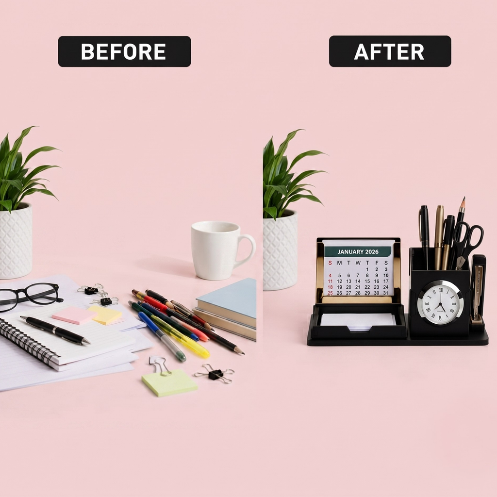 Desk Organizer With Clock & Calendar office Table Accessories 2026 Calendar For office Desk Wooden Pen Stand With Clock/New Year Gift/Eco-Friendly- Black