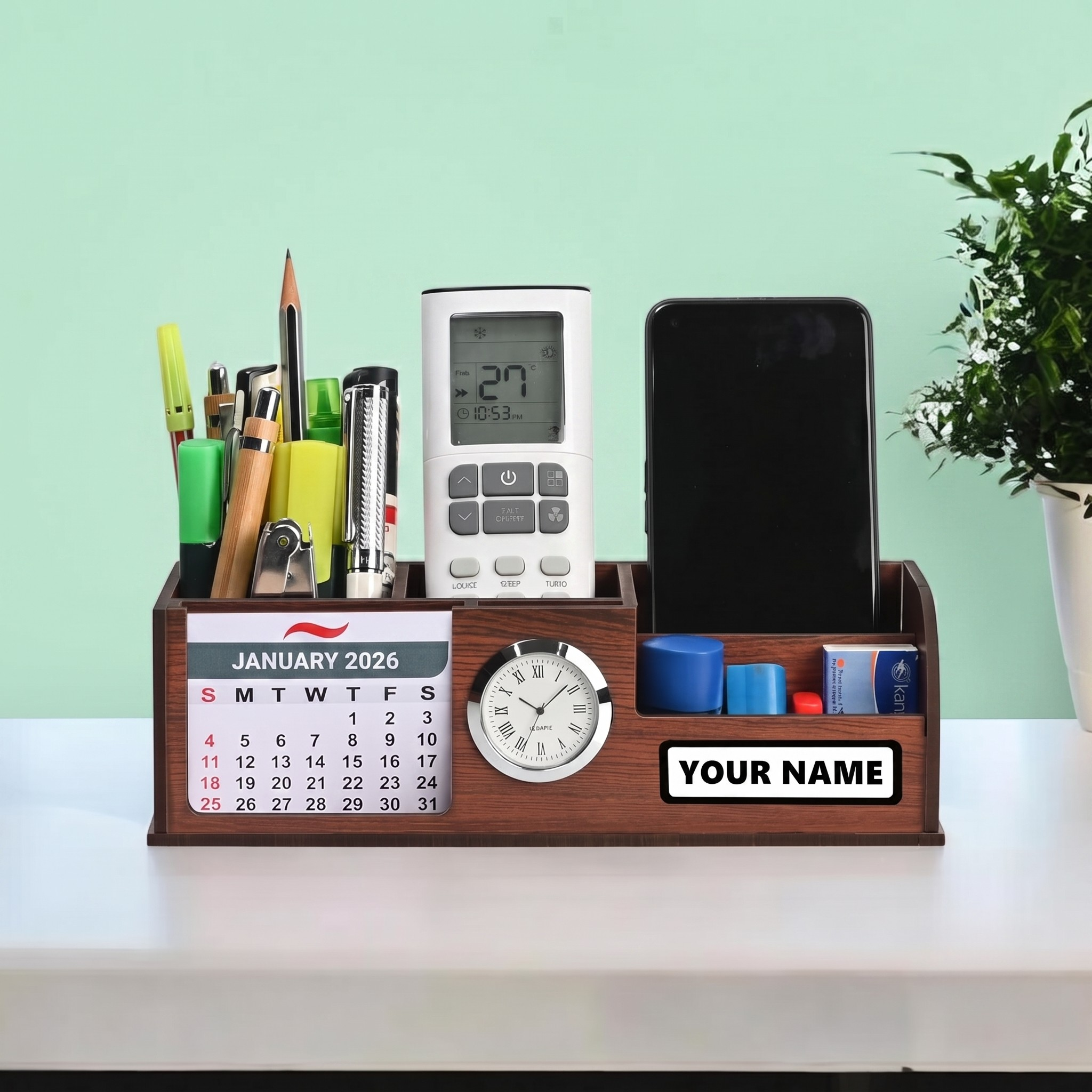 Desk Organizer with Wooden Diary, Bamboo Pen, 2026 Calendar, Clock, and 4 Compartments - Elegant Wooden Table Organizer for Office and Home Use (Combo 1)