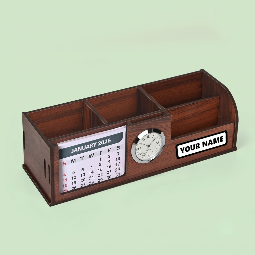 Desk Organizer with Wooden Diary, Bamboo Pen, 2026 Calendar, Clock, and 4 Compartments - Elegant Wooden Table Organizer for Office and Home Use (Combo 1)