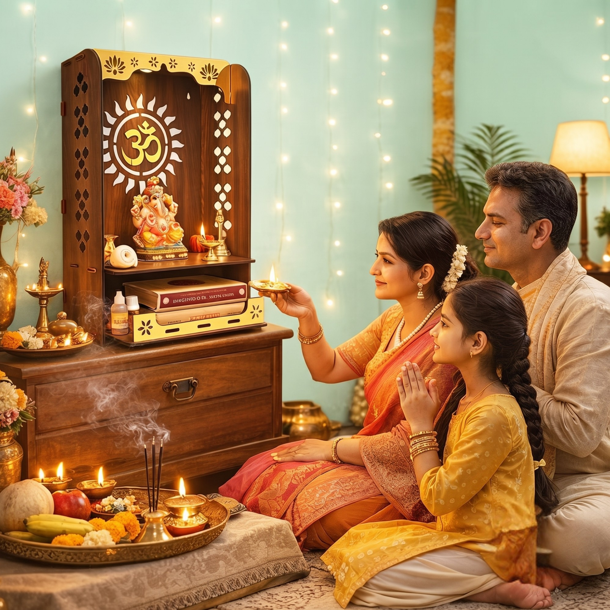Divya Om Beautiful Wooden Pooja Stand for Home, Temple, Office, Wall Mounted Puja Mandir with LED Light, Home Temple, Wooden Mandir for Home Decor, Size (H-20, L-12, W-8 Inch)