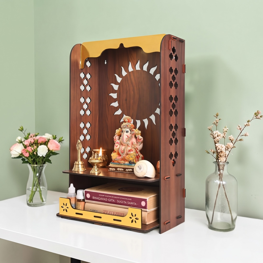 Divya Om Beautiful Wooden Pooja Stand for Home, Temple, Office, Wall Mounted Puja Mandir with LED Light, Home Temple, Wooden Mandir for Home Decor, Size (H-20, L-12, W-8 Inch)