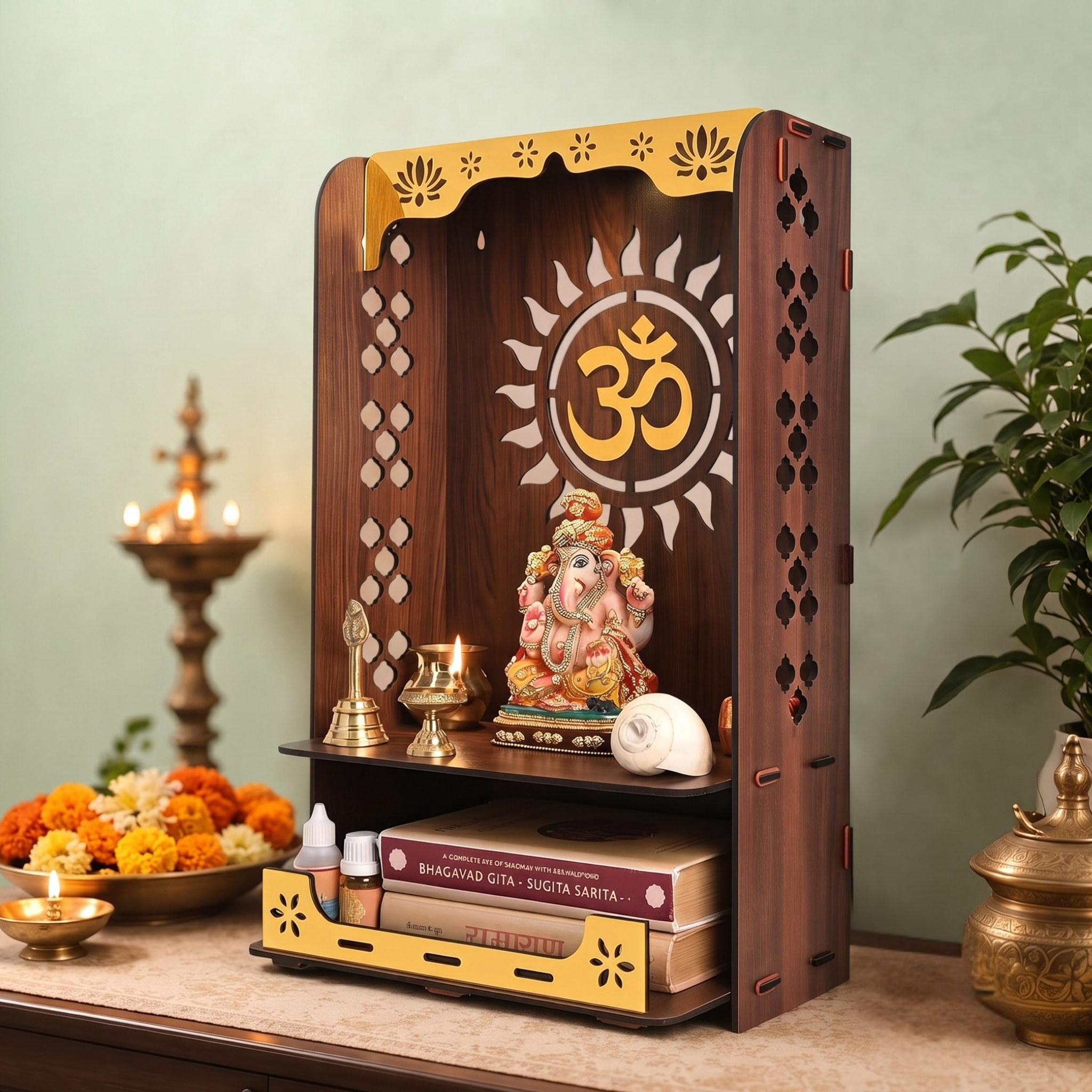 Divya Om Beautiful Wooden Pooja Stand for Home, Temple, Office, Wall Mounted Puja Mandir with LED Light, Home Temple, Wooden Mandir for Home Decor, Size (H-20, L-12, W-8 Inch)