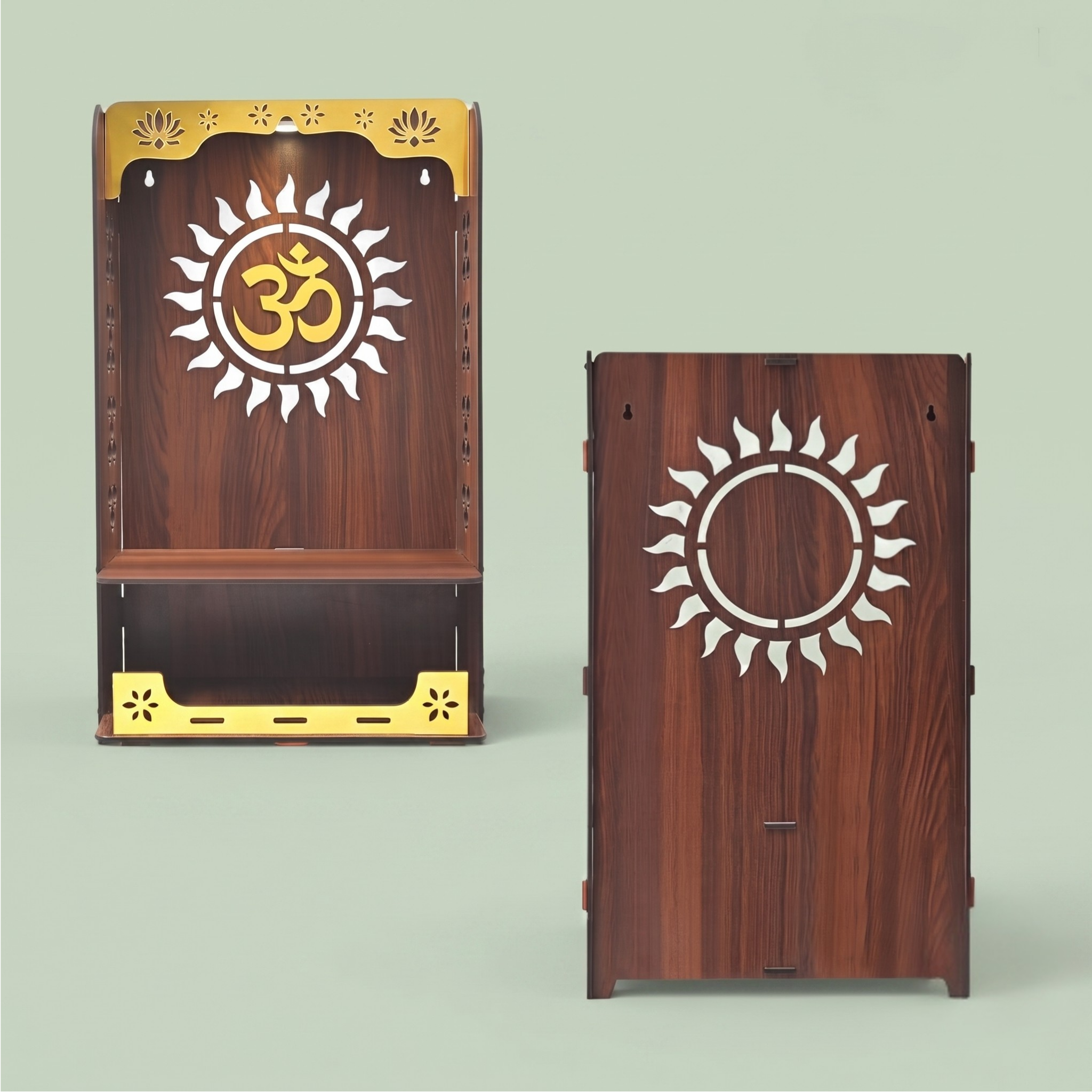 Divya Om Beautiful Wooden Pooja Stand for Home, Temple, Office, Wall Mounted Puja Mandir with LED Light, Home Temple, Wooden Mandir for Home Decor, Size (H-20, L-12, W-8 Inch)