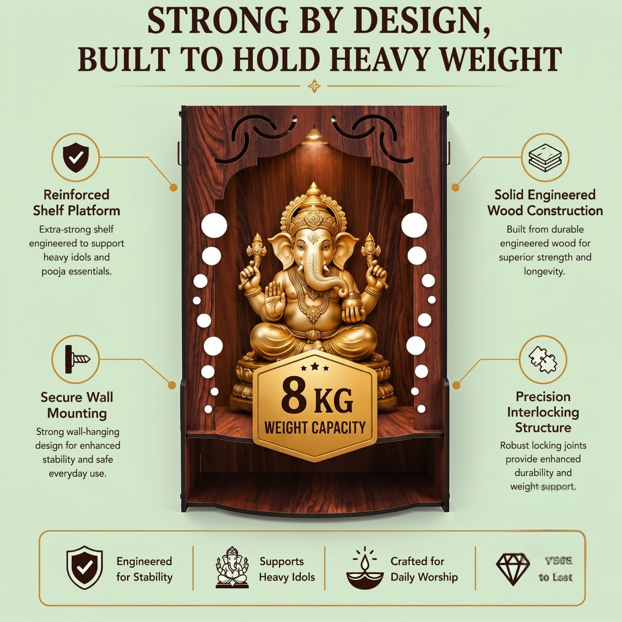 Wooden Temple for Home Wall Mounted | LED Light Compact Pooja Mandir for Office, Flat, Living Room | Minimal Design Pooja Stand (DIY- H-16 x L-10 x W-7 Inch) (Modern Glow)