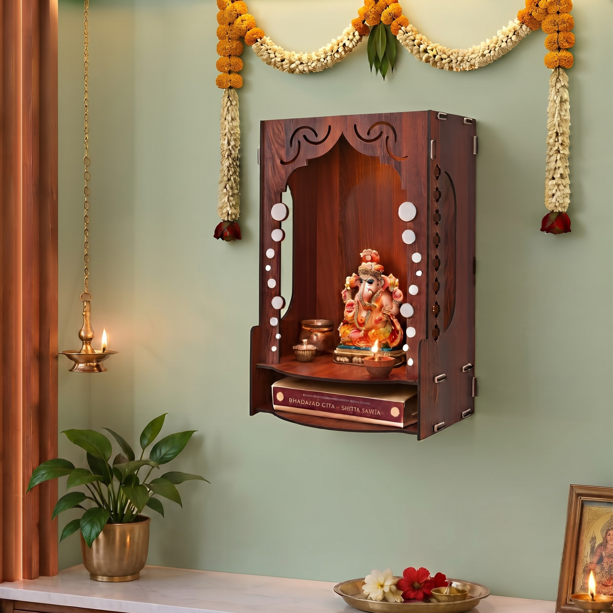 Wooden Temple for Home Wall Mounted | LED Light Compact Pooja Mandir for Office, Flat, Living Room | Minimal Design Pooja Stand (DIY- H-16 x L-10 x W-7 Inch) (Modern Glow)