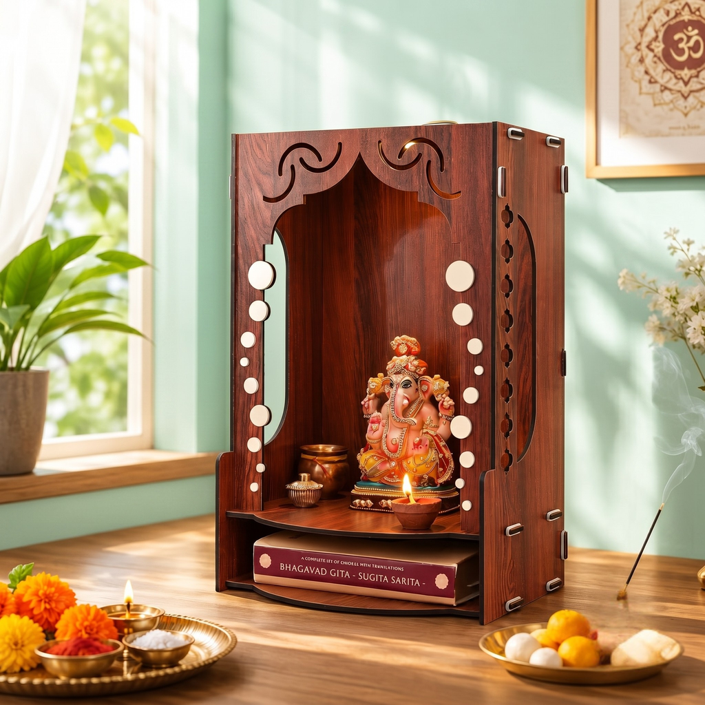 Wooden Temple for Home Wall Mounted | LED Light Compact Pooja Mandir for Office, Flat, Living Room | Minimal Design Pooja Stand (DIY- H-16 x L-10 x W-7 Inch) (Modern Glow)