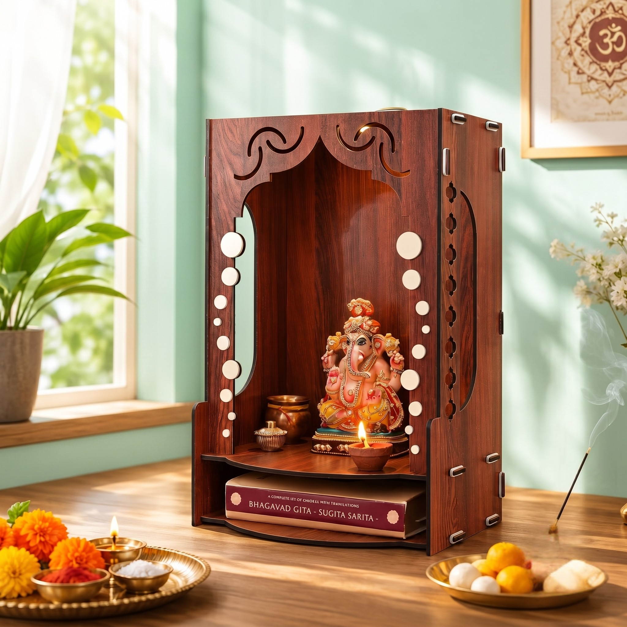 Wooden Temple for Home Wall Mounted | LED Light Compact Pooja Mandir for Office, Flat, Living Room | Minimal Design Pooja Stand (DIY- H-16 x L-10 x W-7 Inch) (Modern Glow)