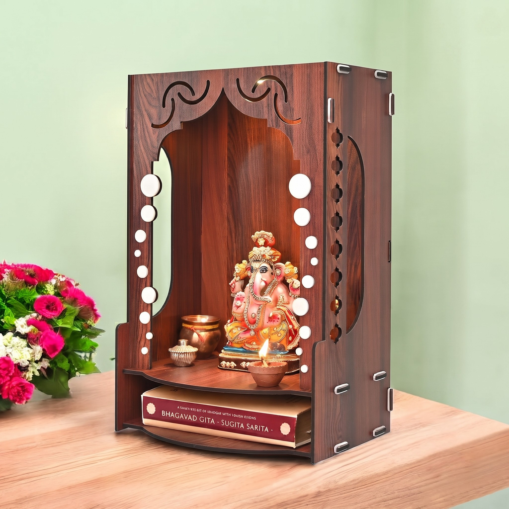 Wooden Temple for Home Wall Mounted | LED Light Compact Pooja Mandir for Office, Flat, Living Room | Minimal Design Pooja Stand (DIY- H-16 x L-10 x W-7 Inch) (Modern Glow)