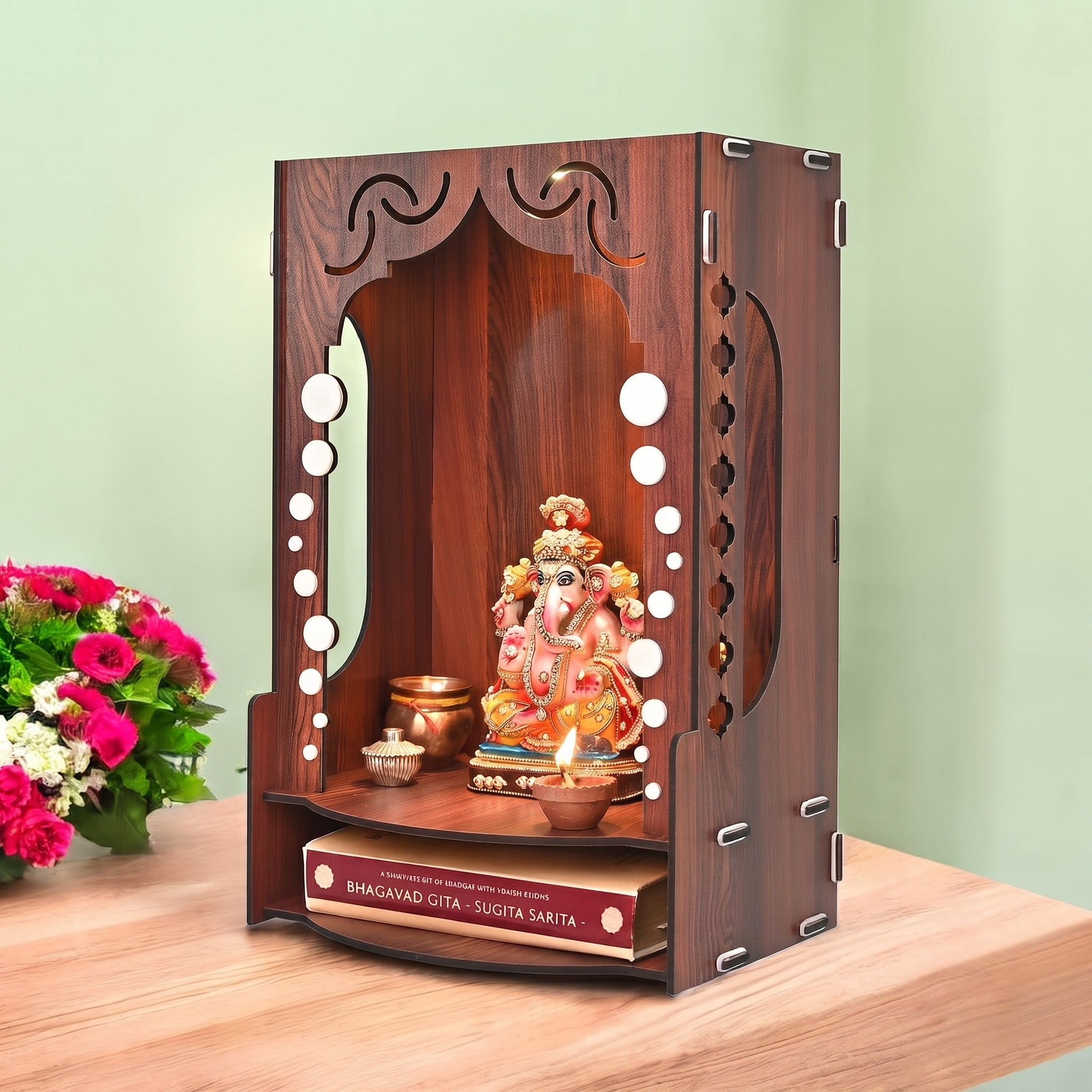 Wooden Temple for Home Wall Mounted | LED Light Compact Pooja Mandir for Office, Flat, Living Room | Minimal Design Pooja Stand (DIY- H-16 x L-10 x W-7 Inch) (Modern Glow)