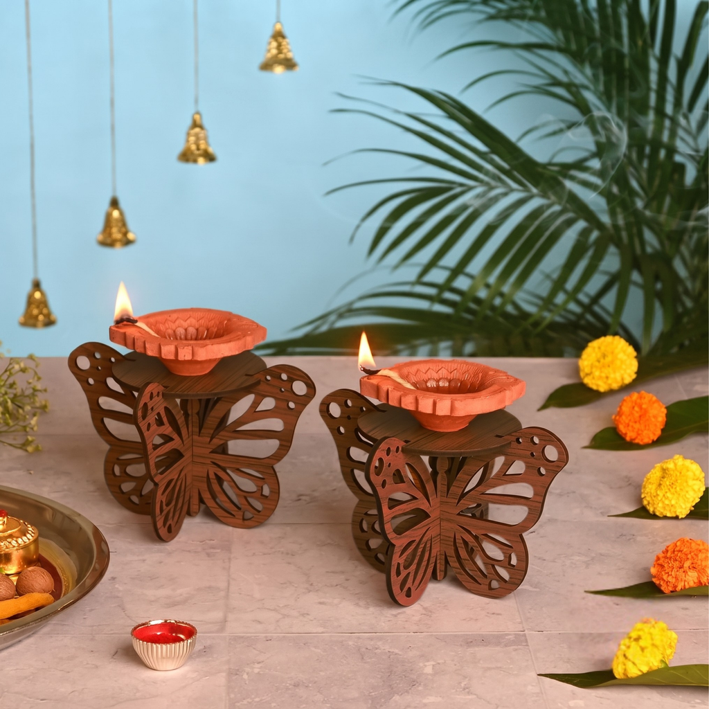 Diya Stand Wooden Butterfly Deepam Stand Handcrafted Diya Set for Pooja Decoration Items Also Candle and Lanterns Decoration Items for Home Decor Mandir and Temple Decor (Dark Wood)