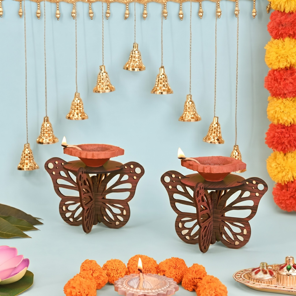 Diya Stand Wooden Butterfly Deepam Stand Handcrafted Diya Set for Pooja Decoration Items Also Candle and Lanterns Decoration Items for Home Decor Mandir and Temple Decor (Dark Wood)