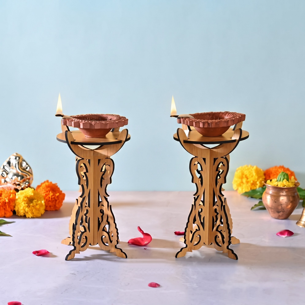 Traditional Wooden Deepam Stand | Home, Temple & Pooja Decor (Pack of 2)