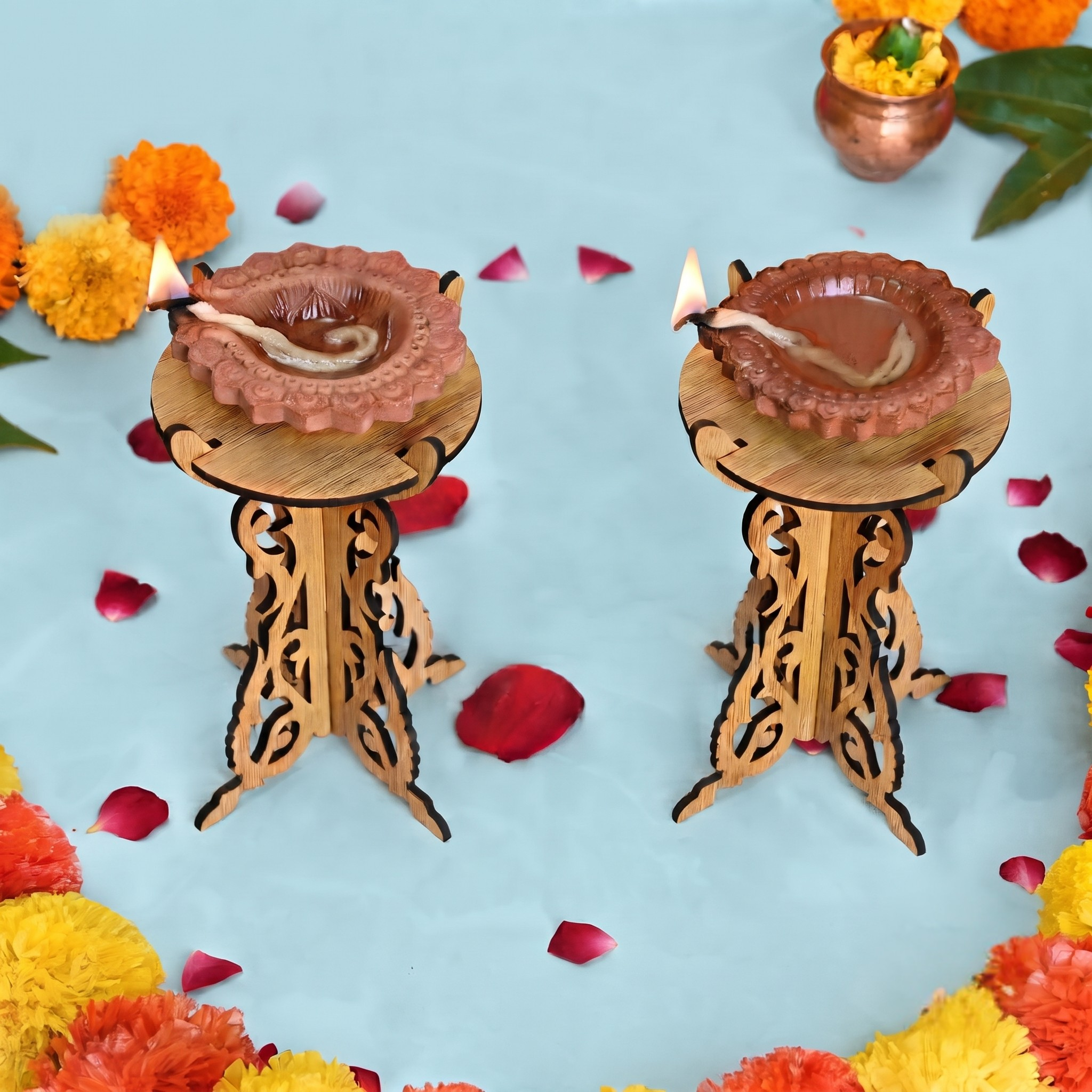 Traditional Wooden Deepam Stand | Home, Temple & Pooja Decor (Pack of 2)