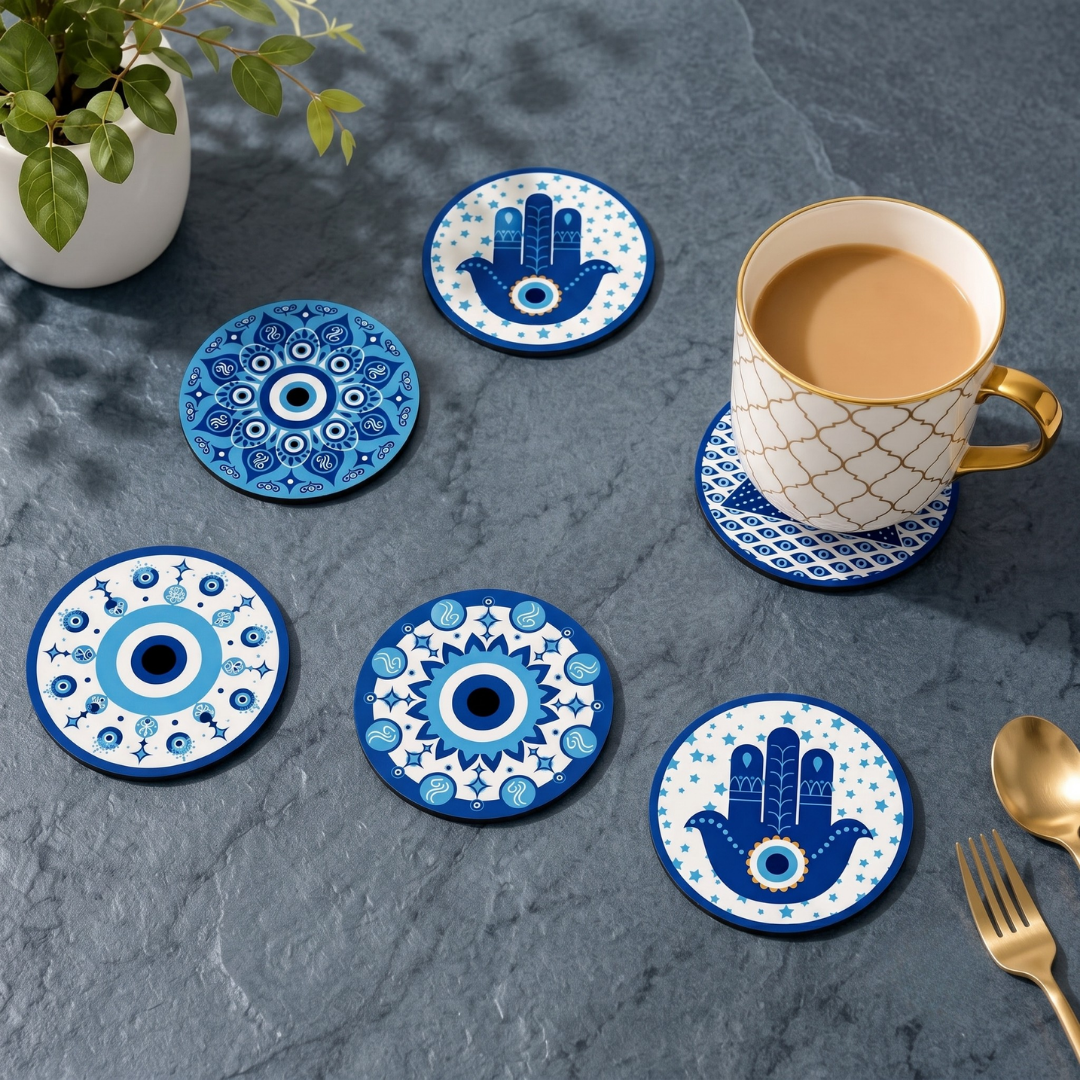 Coaster Set of 6 Beautiful Wooden Evil Eye Theme Design Coasters with Proper Coaster Stand | Designer Coaster Set fit for Tea Cups, Coffee Mugs and Glasses | 6 pc Round 3.5 x 3.5 inch