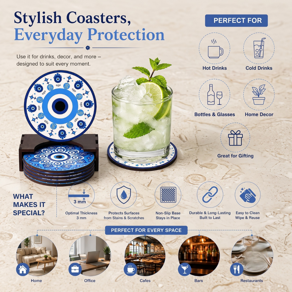 Coaster Set of 6 Beautiful Wooden Evil Eye Theme Design Coasters with Proper Coaster Stand | Designer Coaster Set fit for Tea Cups, Coffee Mugs and Glasses | 6 pc Round 3.5 x 3.5 inch