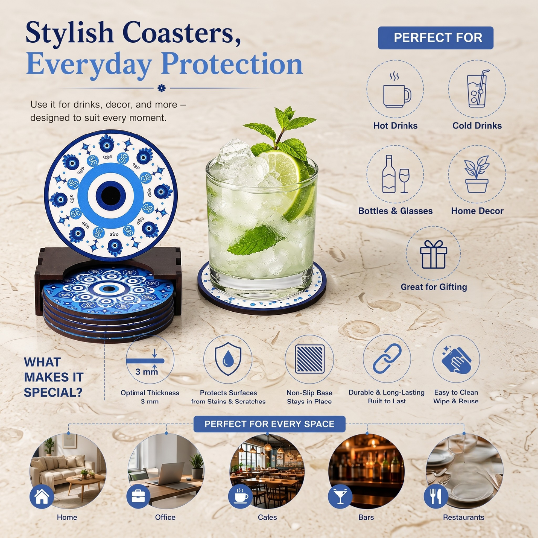 Coaster Set of 6 Beautiful Wooden Evil Eye Theme Design Coasters with Proper Coaster Stand | Designer Coaster Set fit for Tea Cups, Coffee Mugs and Glasses | 6 pc Round 3.5 x 3.5 inch